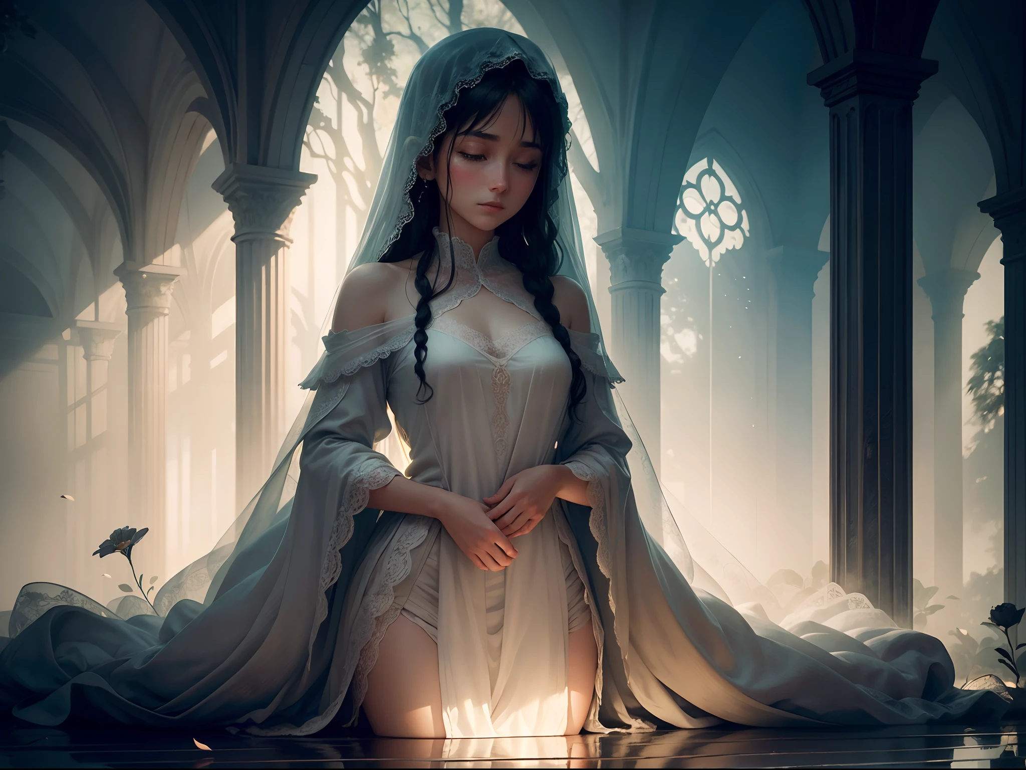 "(ultra-detailed CG unity 8k wallpaper, masterpiece, best quality, depth of field, HDR, intricate), An ethereal and hauntingly beautiful scene, reminiscent of the melancholy and elegance of "lacrimosa". Low light, soft focus, and a delicate balance of shadows and highlights. A solitary figure, gracefully draped in flowing attire, stands amidst a misty landscape. Their face, hidden beneath a veil of delicate lace, reveals only the hint of sorrow and longing. Surrounding them, a sea of vibrant and wilting flowers, their petals shimmering with dewdrops. Rays of golden sunlight filter through the dense foliage, casting a warm and melancholic glow. The atmosphere is filled with a sense of solitude and contemplation, a moment frozen in time."
