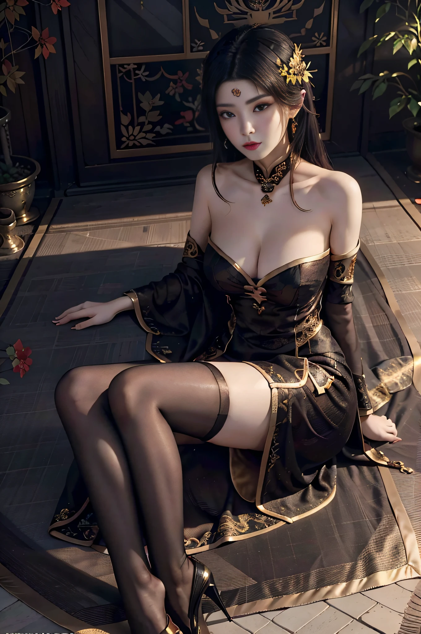 Works of masters，Best image quality，Amazing，finedetail，The beauty is half sitting on the carpet，The body of the beauty is mechanically modified，wearing  cheongsam，The slit is high，high-heels，Oily stockings，In a tapestry of aroma，The mechanical garden is fascinating，Fragrant flowers enchant the senses，Through the prism