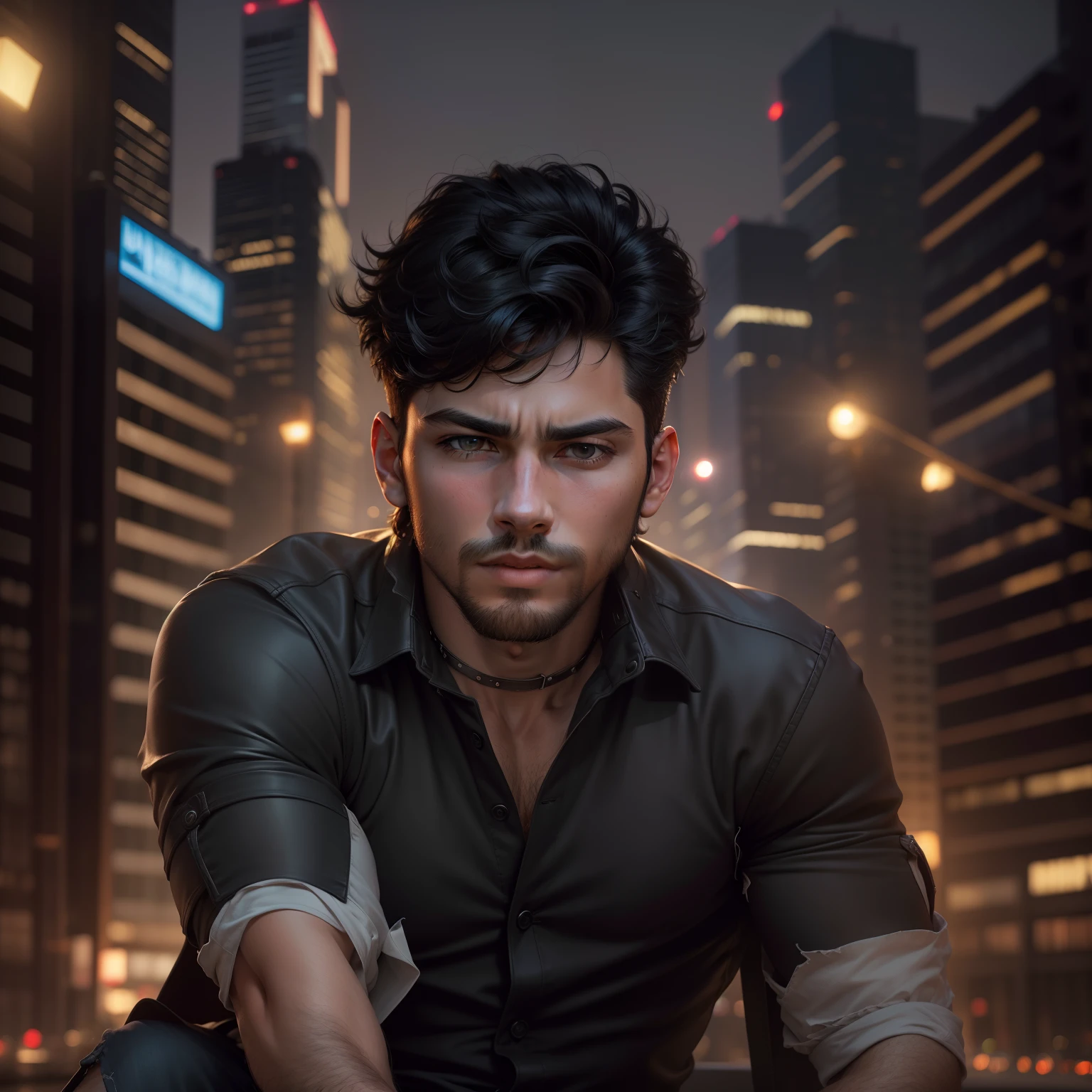 Best quality, masterpiece, ultra high res, (photorealistic:1.4), raw photo, young handsome male, black hair, (night city background:1.2)