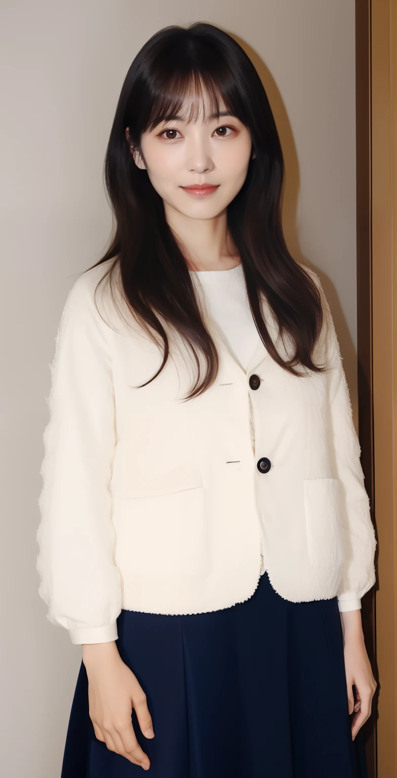 ((masutepiece, of the highest quality, High Definition)),30-year-old woman in navy blue jacket and white skirt stands in room, style of yoshii chie, By Yasutomo Oka, style of masami kurumada, by Oka Yasutomo, catalogue photo, by Kobayashi Kiyochika, by Sengai, Yasumoto Oka,Elegant makeup, (Elegant long hair, Dark brown hair color: 1.4)