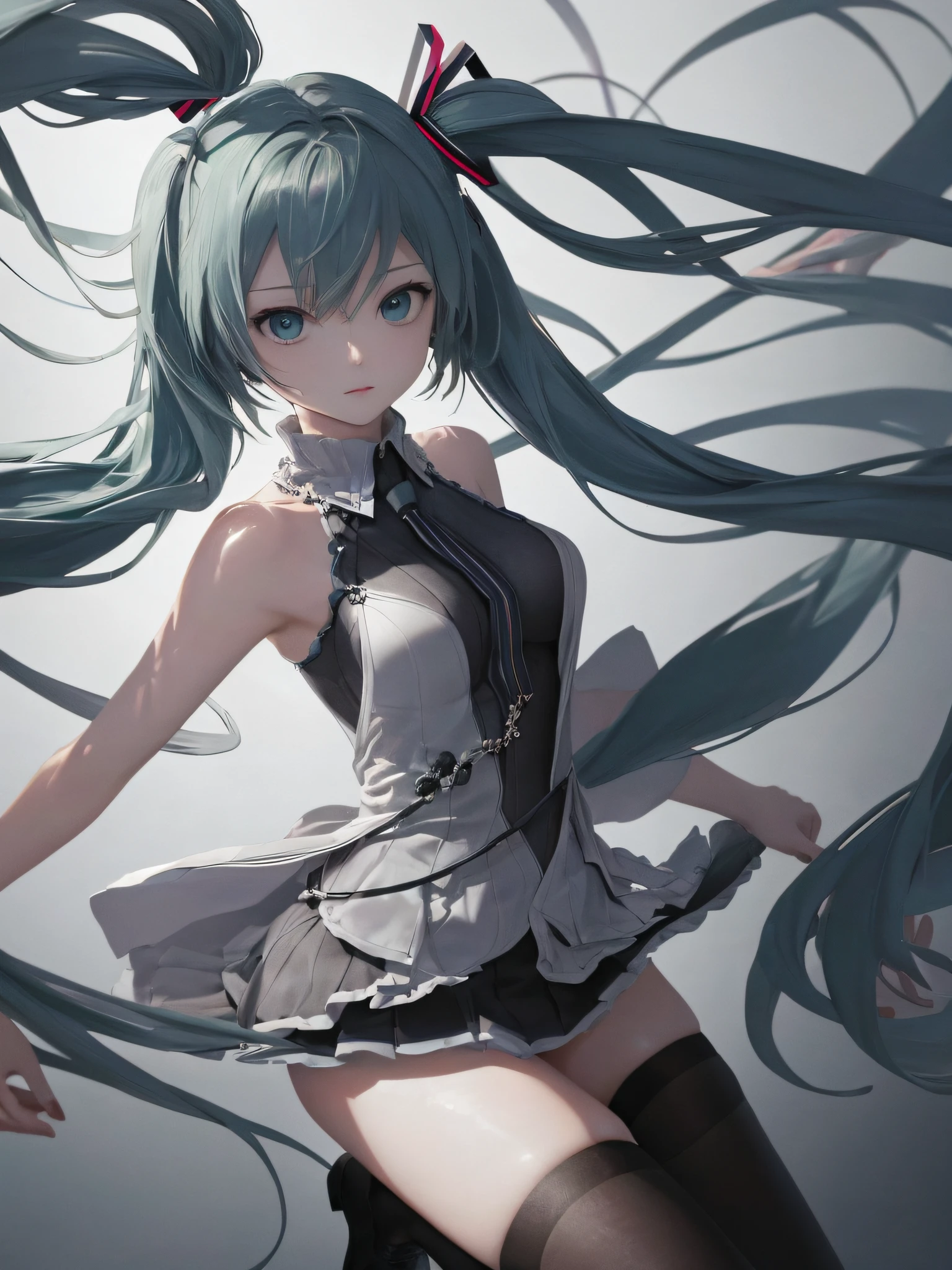 (One lady)、(​masterpiece)、(best qualtiy)、(ultra-detailliert)、(a high chroma)、(CG Illustration)、highcontrast、((low angles))、VOCALOID、((miku hatsune))、(Fine and beautiful eyes)、Delicate beautiful face、((dishevled hair))、(( The whole body was wrapped in a full metal suit))、(Black stockings)、((B cup breasts))、((teats)) 、The best lighting、spread legswide、Float inside、simple background