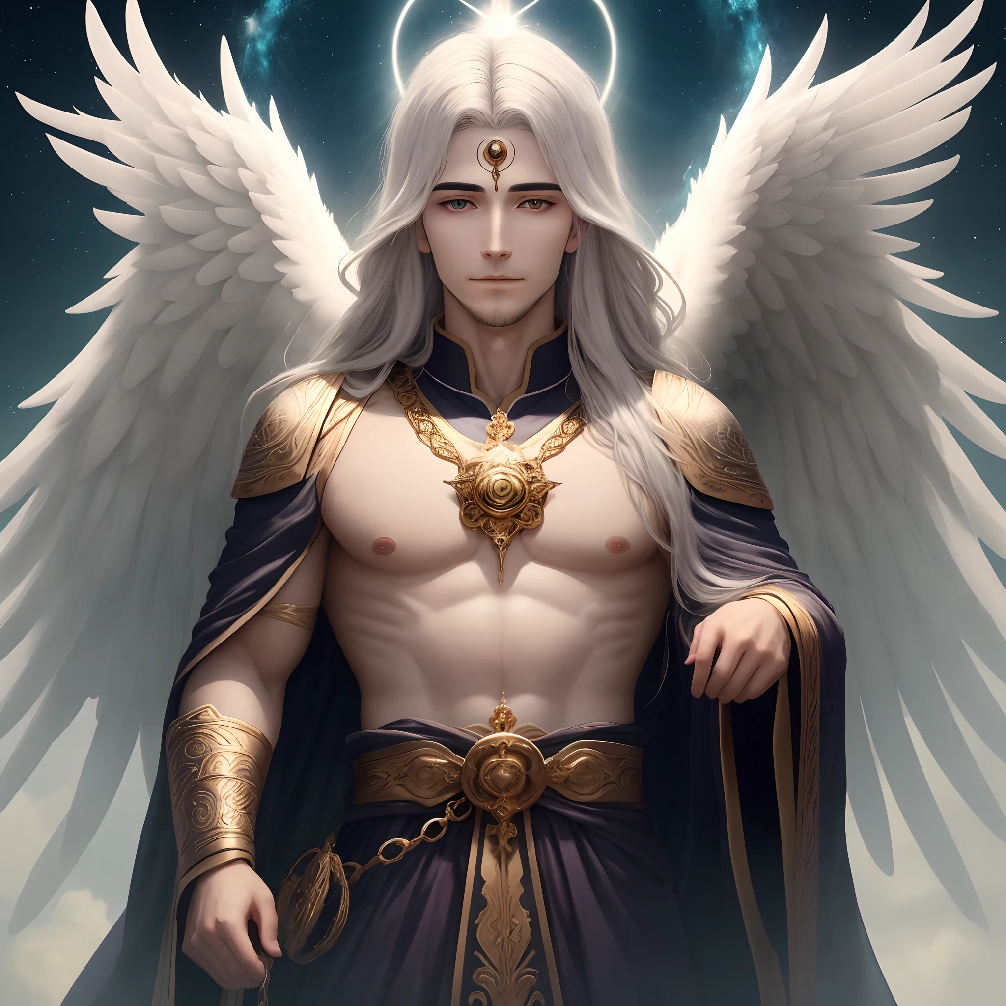 Descreva um homem com asas majestosas que surgem de suas costas, envolto em uma aura celestial. His eyes radiate compassion and wisdom, enquanto suas asas brilham com cores divinas. Ele caminha silenciosamente entre os mortais, offering invisible guidance and protection. Write about the imposing presence of the angel man, your interactions with those who cross your path and the mystery of your heavenly origin.