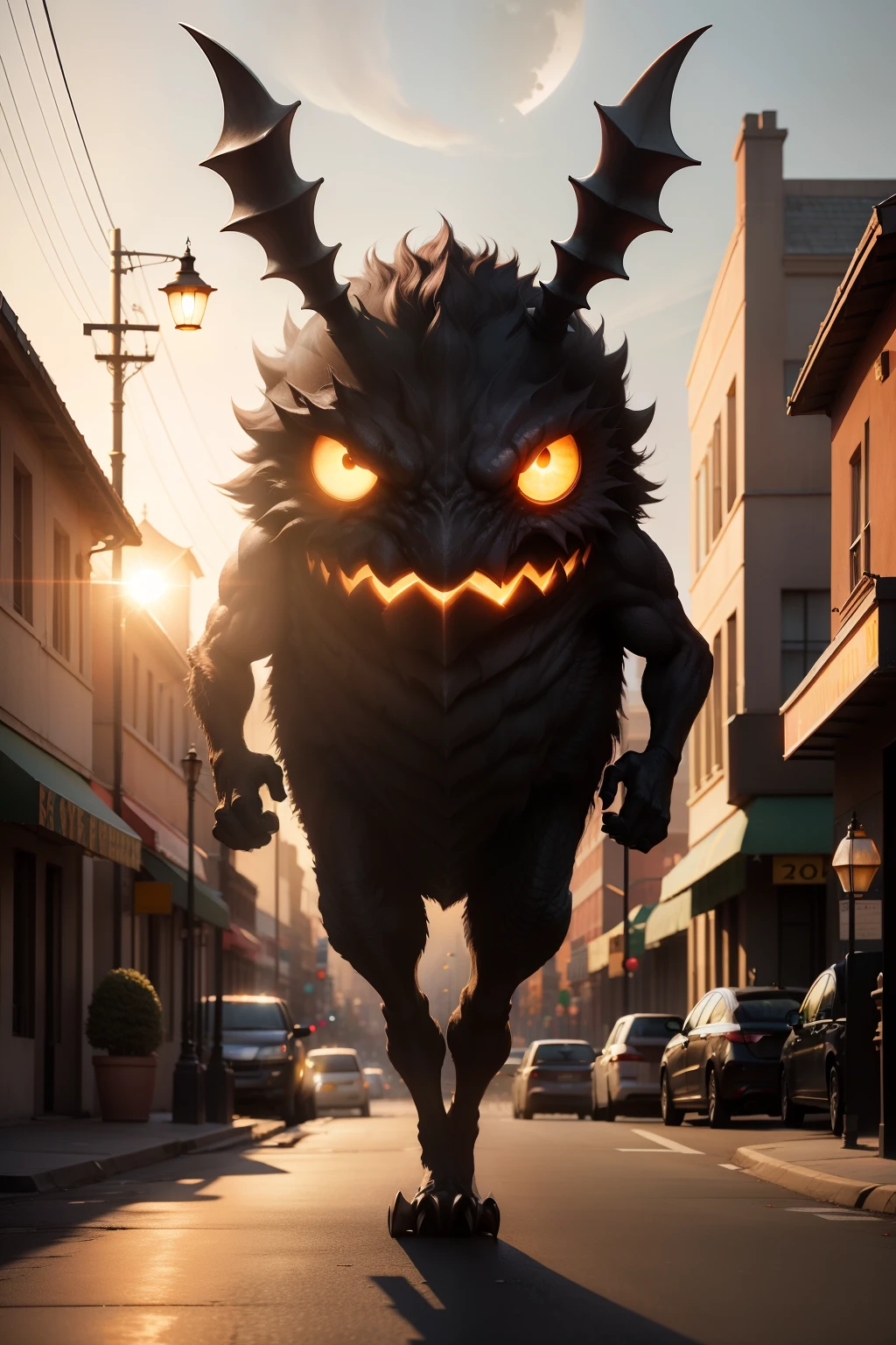 A monster like a street lamp chasing the sun