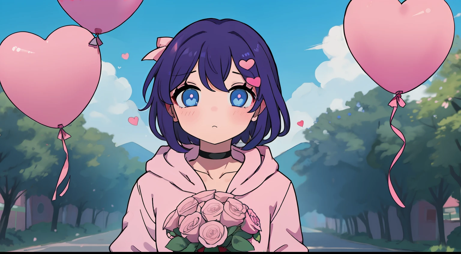 anime girl, teen ager, blue eyes, short pink hair, bangs, nervous, blush, heart-shaped pupils, pink hoodie, standing, holding bouquet of roses givint it, choker, pov, hairclip, outdoors, red heart balloon, love, romantic, blue sky