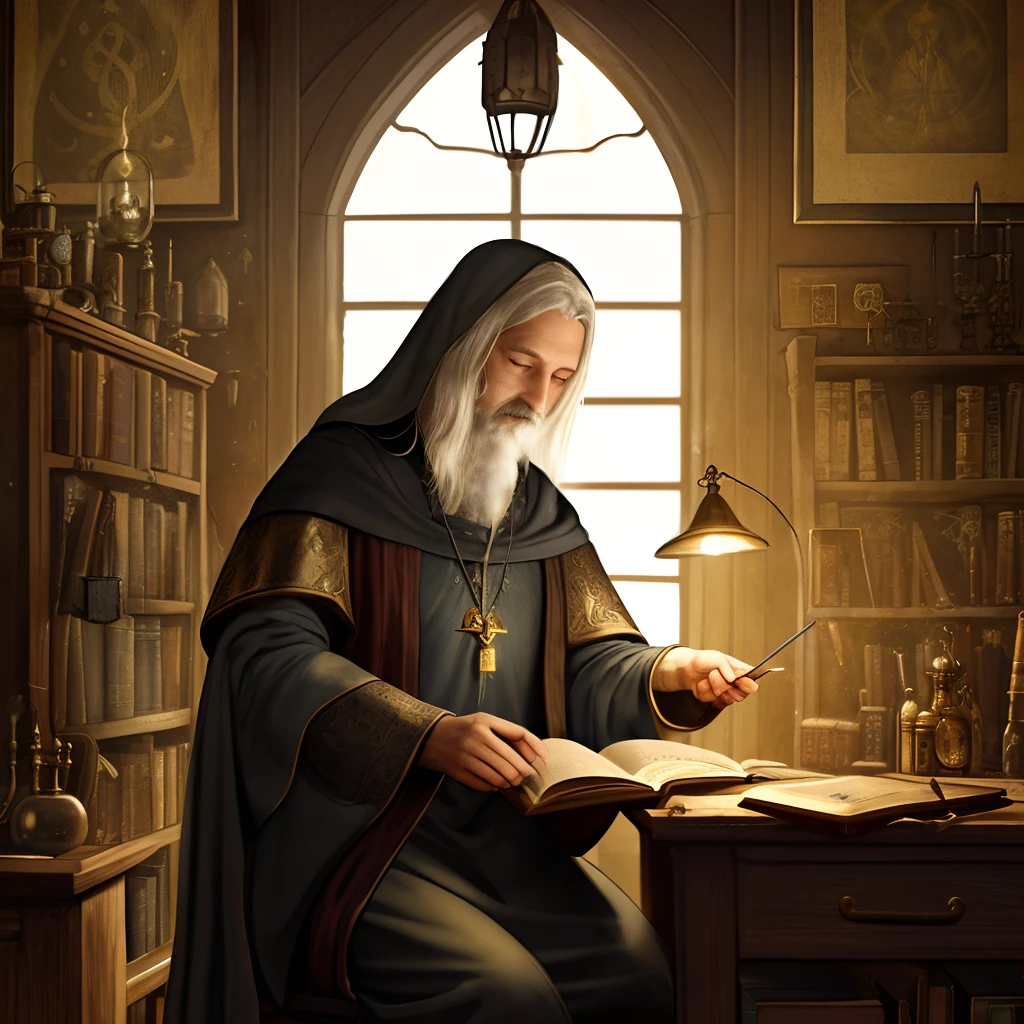 very old wizard, alchemy, looking at book, old medieval painting, smoke, lots of detail, cluttered room, lamp, dark room, detailed tunic, glowing pendant, high contrast light,