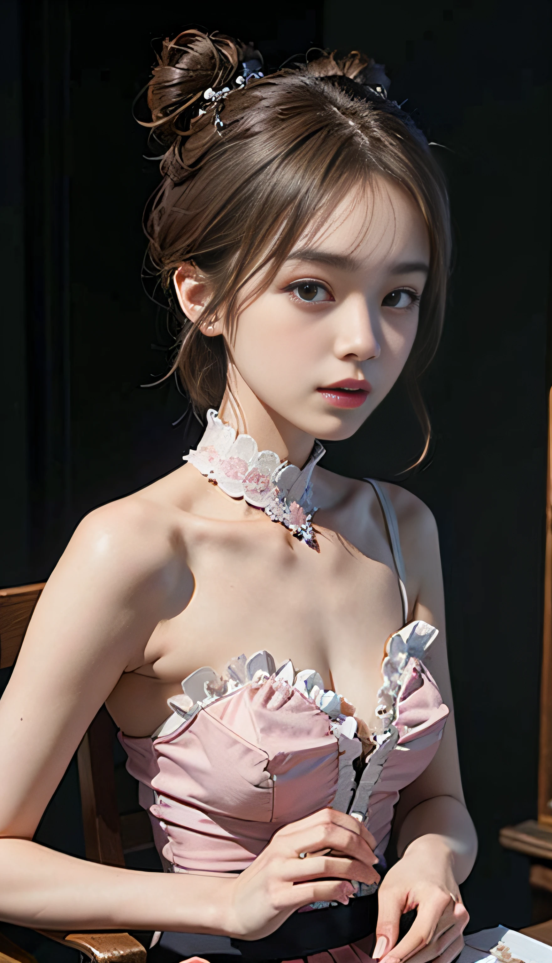 (Raw photography、top-quality)、(realisitic、Photorealsitic:1.3)、top-quality、masterpiece、extremely delicate and beautiful、A highly detailed、nffsw、A sense of unity、2k wallpaper、magnifica、Beautiful in every detail、masterpiece、浅笑、top-quality、Highly detailed ticker Unity 8K wallpapers、huge filesize、ultra-detailliert、hight resolution、ighly detailed、Female 1 Person、Slim body、D-cups、(Black Leotard Top:0.7)、(Pink skirt:1.2)、(Bun hair)、(brown haired)、Look at the front、Sharp Focus、Face Close-up、pureerosface_v1:0.8 Short Hair、Instagram、Viewer's Perspective、selfee