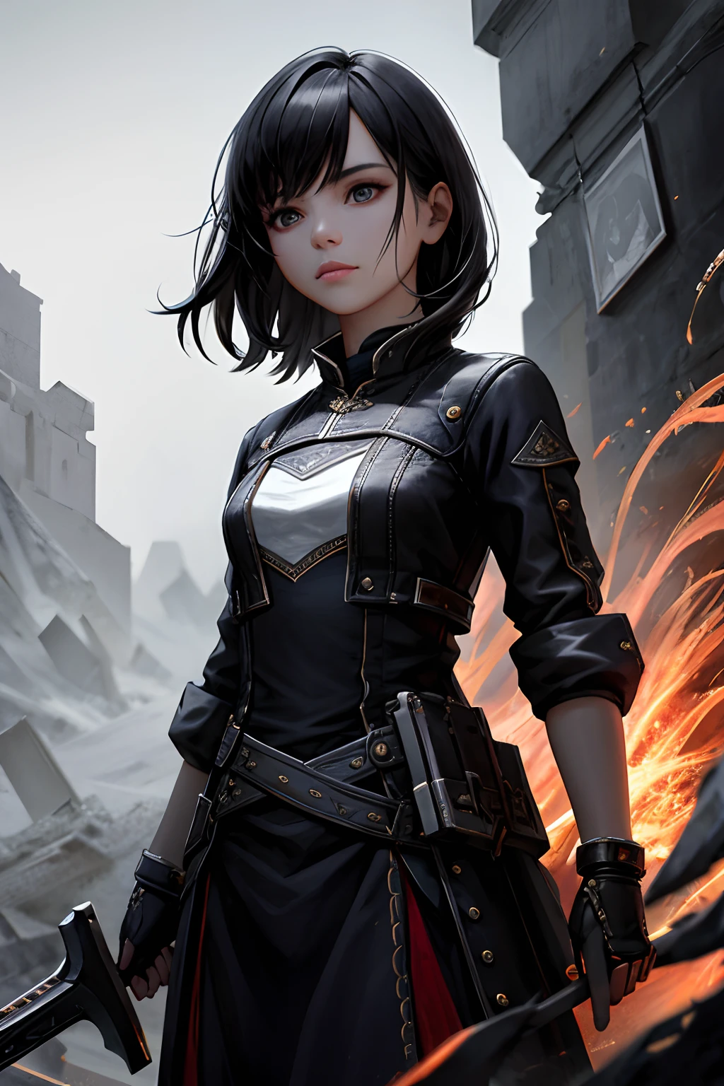 (makima:1.3),red colors,mksks style,cowboy_shot, f(rom_behind:1.3),masterpiece, best quality, ultra-detailed, illustration, 1girl, solo, fantasy, feeling of power and ferocity, the demon girl has a human-like form, with fantasy clothes,a fierce expression.,black_hair,dark_hair,long_hair, She is standing in a powerful stance, wielding a large and sharp blade, she is surrounded by a dark and twisted landscape, with black smoke and fire in the background, the ground is cracked and there are twisted trees and twisted creatures around her, the scene is one of chaos and danger, the girl is a fierce warrior, warm colors,triadic colors, fire around her, detailed eyes, , close up, zooming up,flame_surge_style,
cowboy shot, contrapposto, looking at viewer, highres, superb, 8k wallpaper, extremely detailed, intricate, unreal engine 5, volumetric lighting, realistic, realistic lighting, cinematic, 4k, cinematic lighting, 8k, depth of field, 3d, masterpiece, perfect, award-winning, hyper-detailed, photorealistic, ultra realistic, realistic light, hard lighting, intricate details, stop motion, hyperfocus, tonemapping, sharp focus, hyper detailed, detailed eyes, eyes focus, (illustration:1.1), highres, (extremely detailed CG unity 8k wallpaper:1.1), (mid shot1.25), (portrait:1.25), (solo:1.2), 1girl, (beautiful face:1.15),