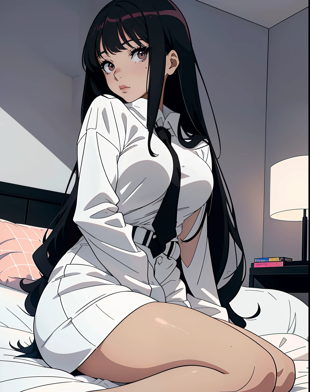 p negro y medias blancas sentada en la cama, seductora chica de anime, Hermosa chica de anime en cuclillas, en Medias Blancas, , sentada en su cama, Hermoso y atractivo anime adolescente, sitting in her room, Hermosa y seductora mujer de anime cabello rubio