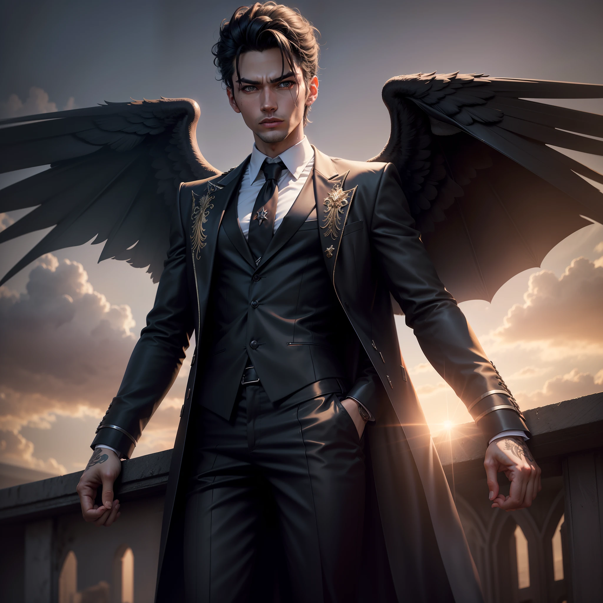 Lucifer Morningstar stand on the front city, in dark world, sun shine left corner and his shine on the Lucifer wings, Teenage lucifer, Lucifer wear black suit, handsome and gangstar look, with black wings, Realistic enhance and detailed, wide photography, 4k