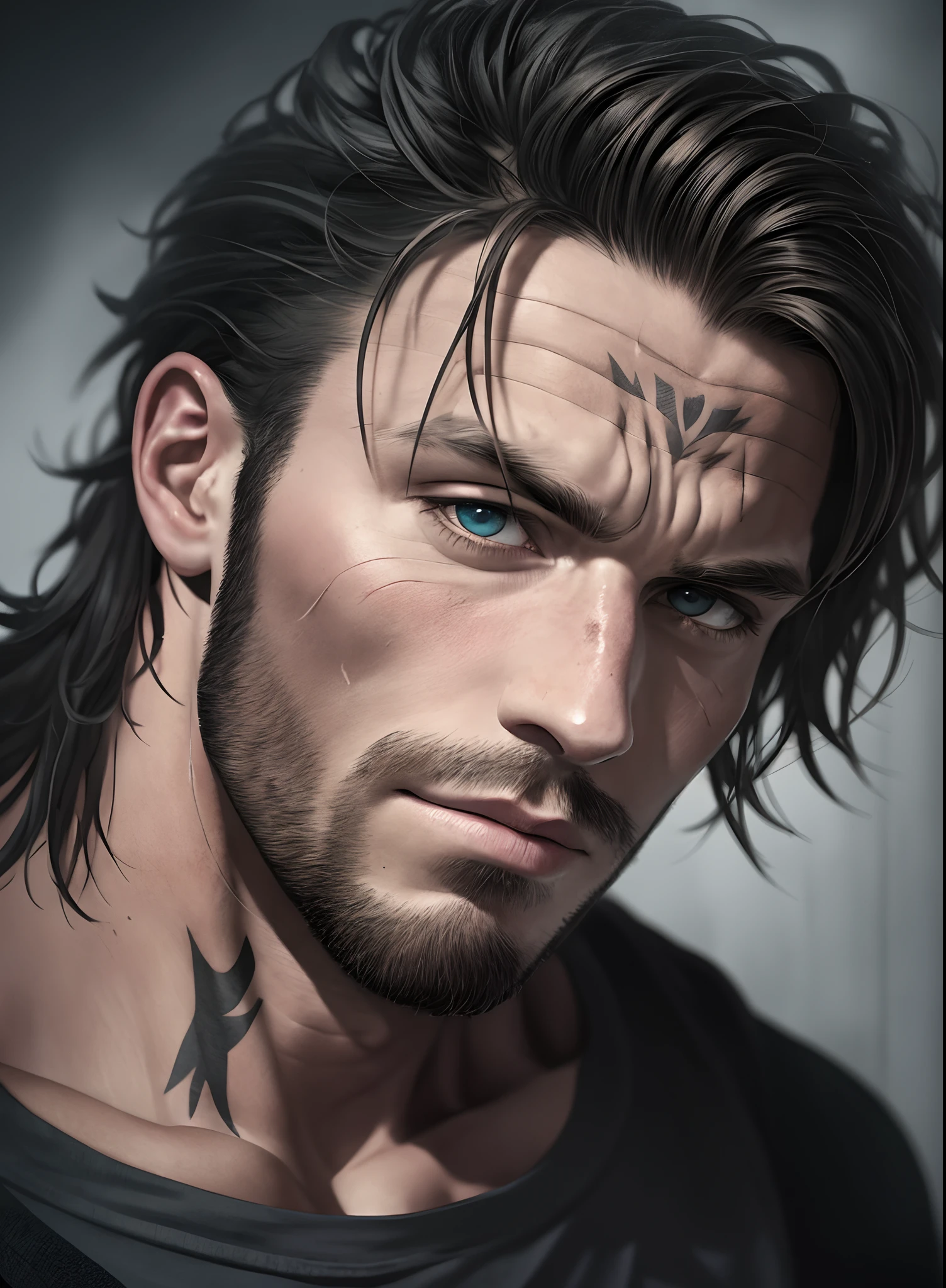 A close-up photorealistic portrait of a muscular gay man have scars and tattoos, very handsome man. In the style of Rembrandt, this scene is rendered in a dramatic and shadowy style. The camera type is a portrait lens, with the view perspective from a low angle. The time of day is early evening, and the lighting effects are moody and dark, with a gritty atmosphere. --auto --s2