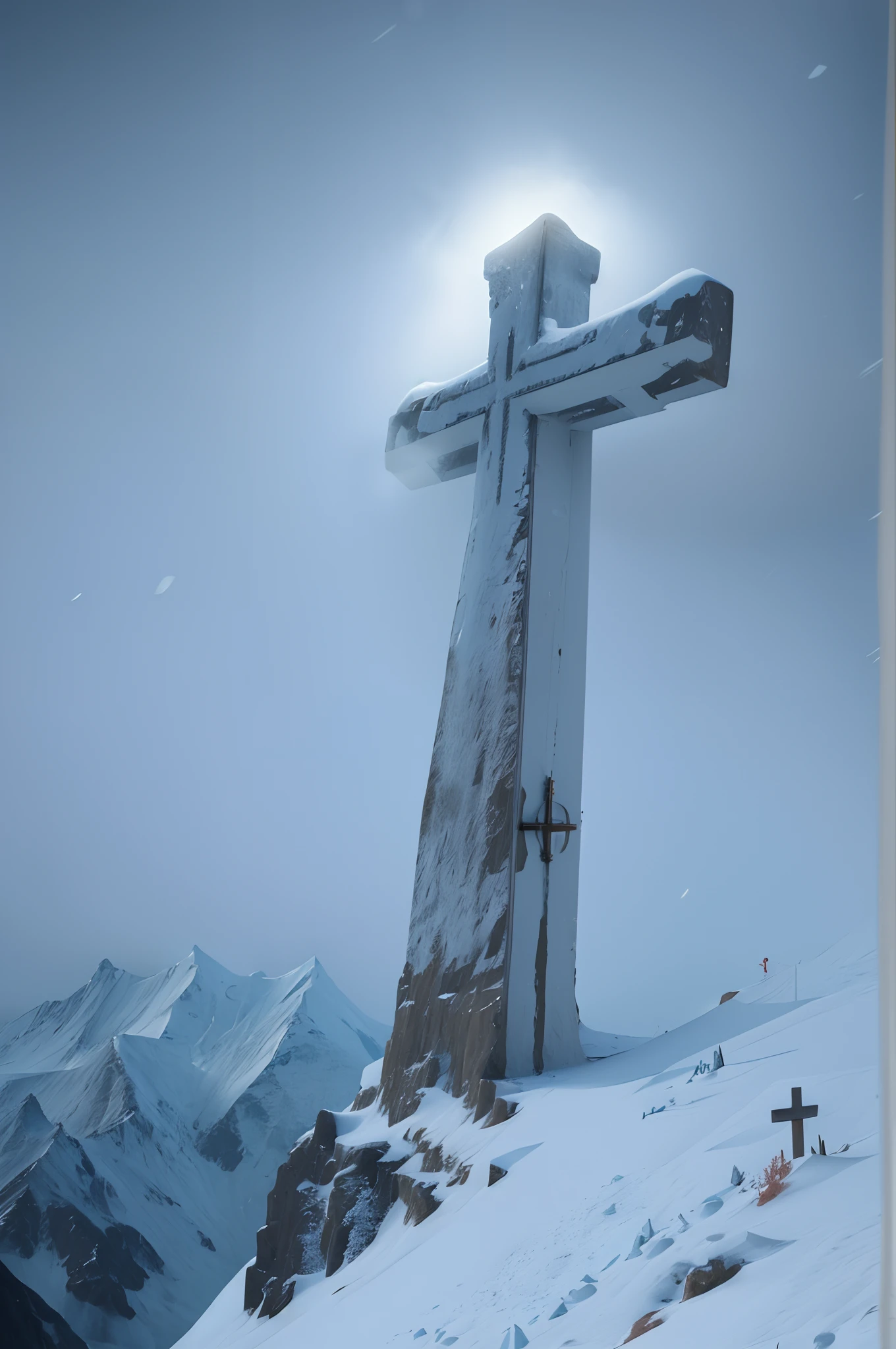 There is a cross on a snowy mountain during a blizzard with a sun shining, frostbite 3 renderizado, renderizado em unrealengine, renderizado em cryengine, renderizado no motor unreal, cruz, renderizado no Unreal Engine, ( ( Motor irreal ) ), feito com motor irreal, Criado em Unreal Engine 5, Arte conceitual Infinity Blade, renderizado em Motor irreal 3d