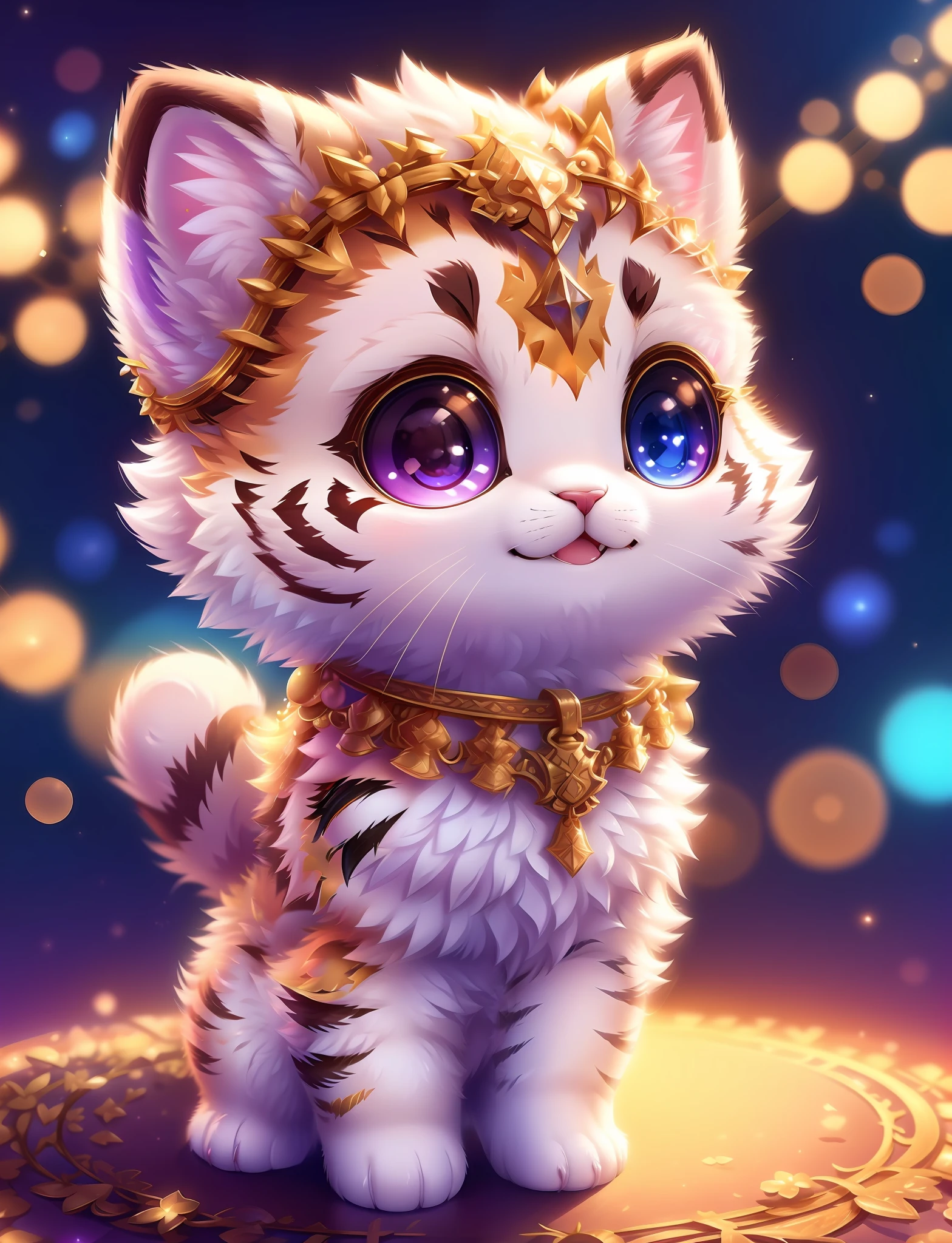 cute tiny hyperrealistic white tiger with different color eyes waring a necklace, Chibi, adorable and fluffy, logo design, cartoon, cinematic lighting effect, charming, 3D vector art, cute and quirky, fantasy art, bokeh, hand-drawn, digital painting, soft lighting, isometric style, 4K resolution, photorealistic rendering, highly detailed clean, vector image, photorealistic masterpiece, professional photography, simple space backdrop, flat white background, isometric, vibrant vector