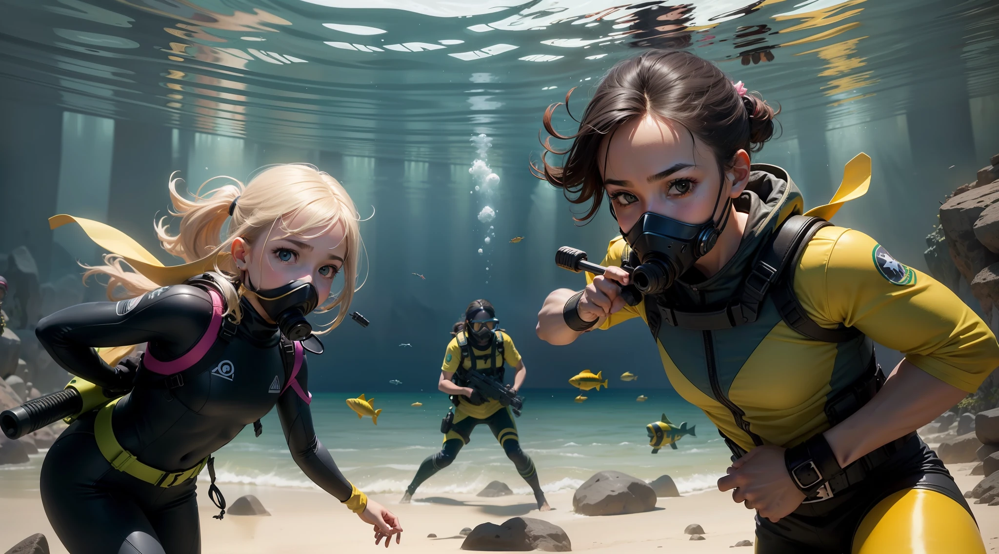Create an aquatic warfare scenario for kids, war, diving mask, Brasil, Pessoas latinas, 4 meninos, Four children, meninos felizes, Diving Mask Helmets, brincadeiras infantis, pistola de brinquedo, estrelas do mar, Peixes, usando a paleta de cores #5F84AE #0A0B17 #1e2e57 #EEB9C7 #ffffff amarelo rosa