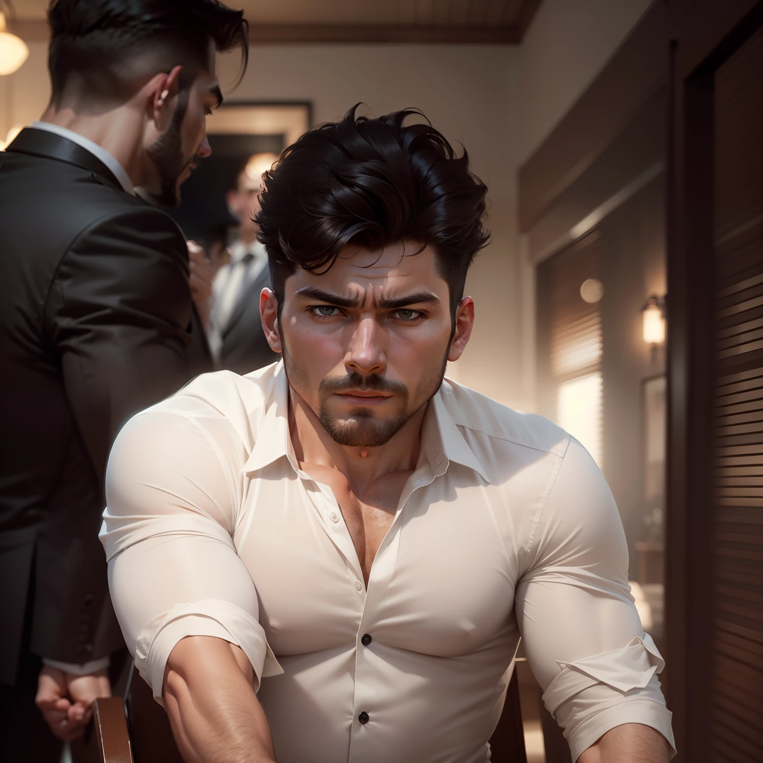 1man, a muscular 30 year old man in a long sleeved white shirt, tie and leather shoes, full body, soft lighting, masterpiece, best quality, 8k uhd, dslr camera, film grain, Fujifilm XT3 photorealistic painting art, by midjourney and greg rutkowski