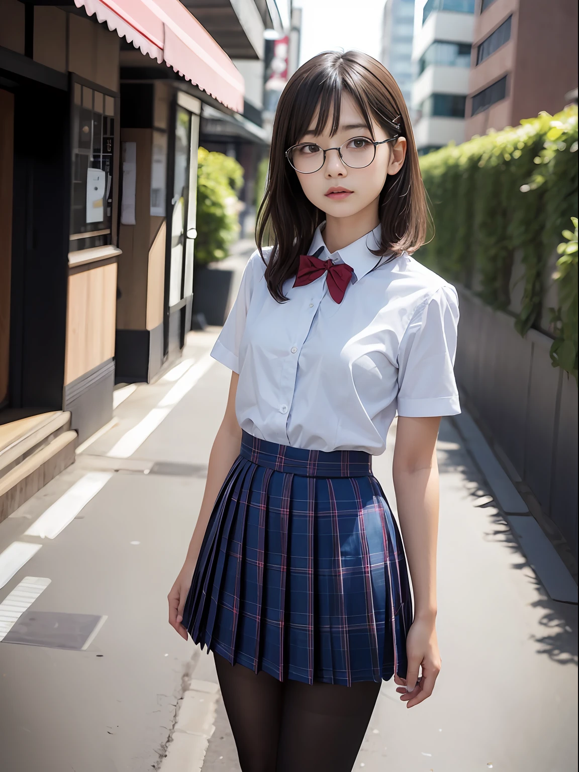 (8K、Raw photography、top-quality、masterpiece:1.2),(bob cuts),cocky,School,watching at viewers,Looking at the front,Muchimuchi,Erotic,Pupils,(Light blue bra seen through the shirt),de pele branca,kne,(Black pantyhose),absurderes,a small face,small tits,flat breast,Parting the bangs from the middle、Forehead visible,(a cold expression,Tight eyes,glares,Bullish,skinny,Rasping,irate)、masterpiece,top-quality、超A high resolution,Raw photo,ren,Beautiful fece,One Person, 独奏,eye glass,,Dark look,Small breasts,fullllbody,Round glasses、cute little,JK school uniform,hi-school girl,A Japanese Lady,is standing,(Photorealsitic:1.37)、Photon mapping,Realistic、Beautie,Cute little face,Brown-eyed、Black socks、(Red bow tie)、Radio City、Physically Based Rendering、depth of fields、Blurry background、a picture,Body,s girl,beauty legs, Long legs, Thin leg,(Bangs are visible), hair, s lips, Blue_The eye, nosesoft,(Light blue shirt), (Navy and blue and white plaid pleated skirt), Knees are visible,Sheer clothing,, Thigh, Black cotton socks,Nogizaka Idol, 女優, Japanese ido