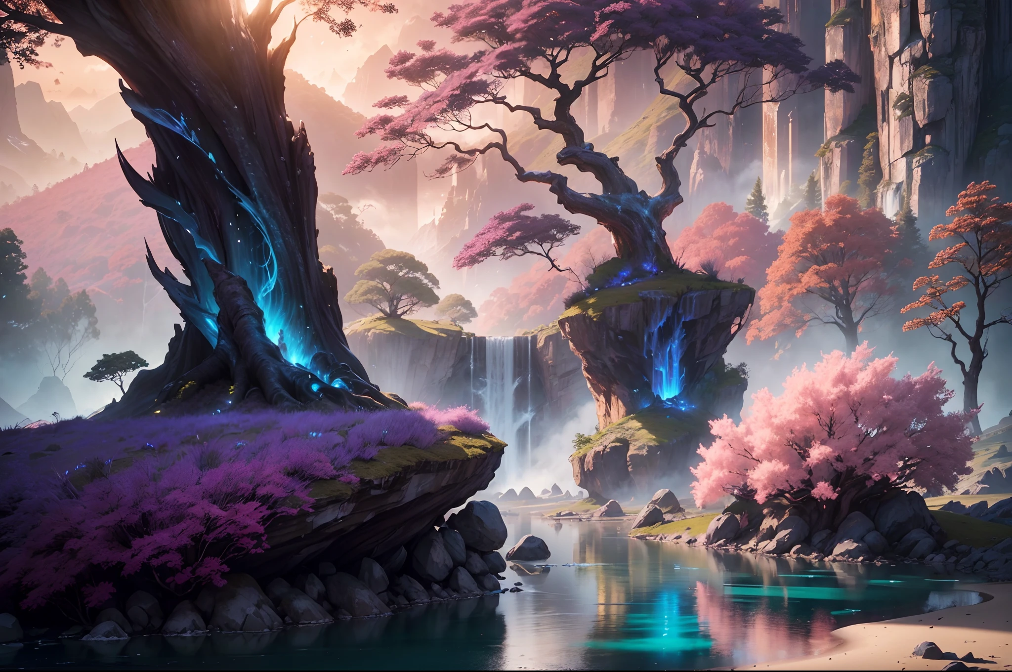 "(by Greg Rutkowski: 1.2), (ultra-detailed CG unity 8k wallpaper, masterpiece, best quality, depth of field, HDR, intricate), delicate, Dark shaded scenery with blue and black hues, featuring a natural setting with waterfalls and rocks, illuminated by glowing trees and adorned with pink and purple plants."