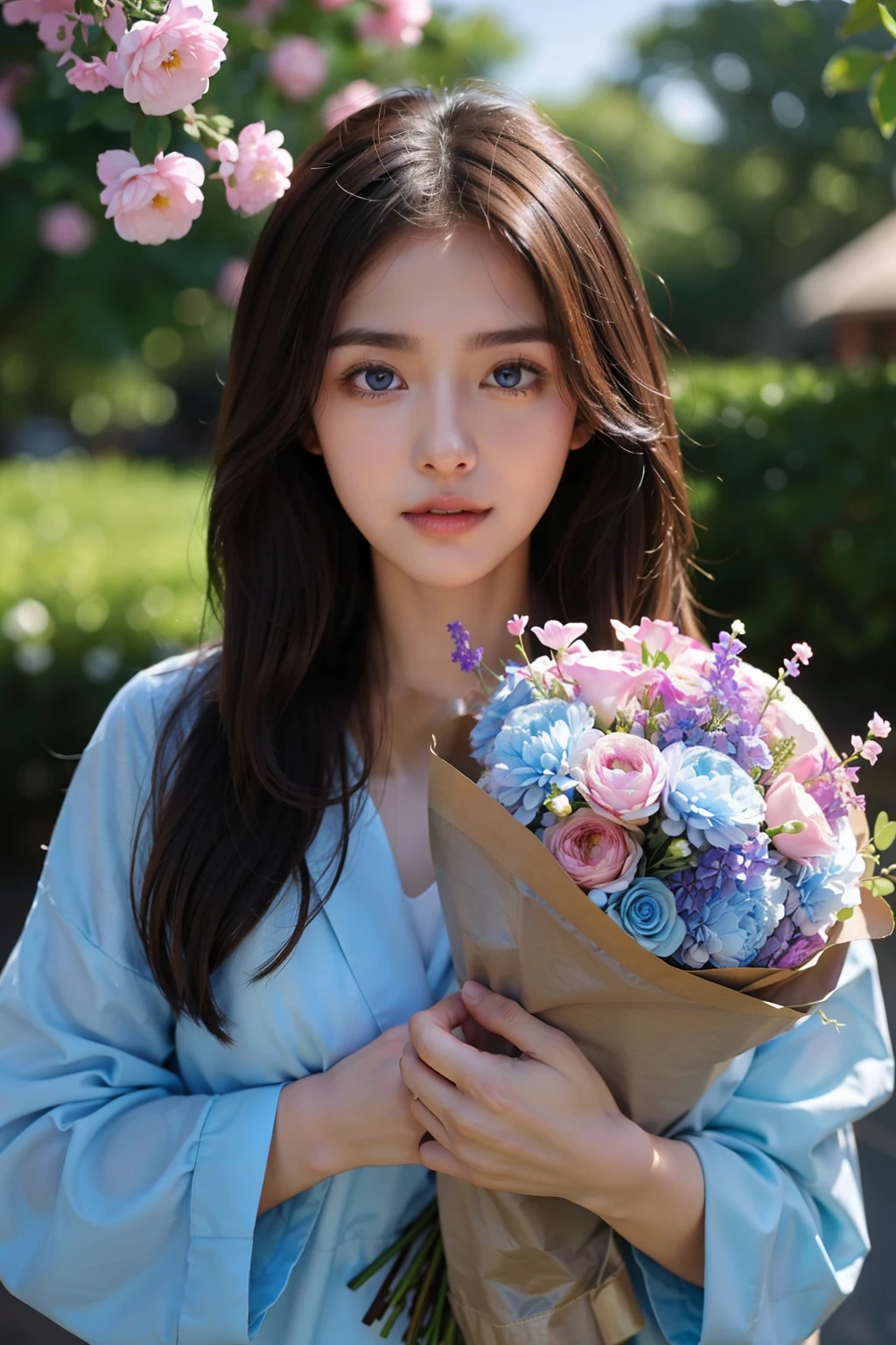 He had brown hair and glowing blue eyes.、Making the image of a cute animal lover woman。Flowers in the background