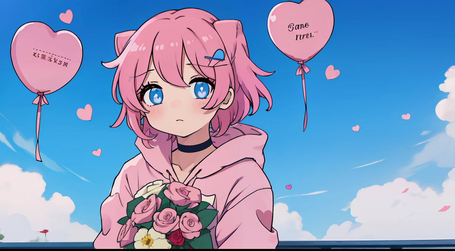 anime girl, teen ager, blue eyes, short pink hair, bangs, nervous, blush, heart-shaped pupils, pink hoodie, standing, holding bouquet of roses givint it, choker, pov, hairclip, outdoors, red heart balloon, love, romantic, blue sky