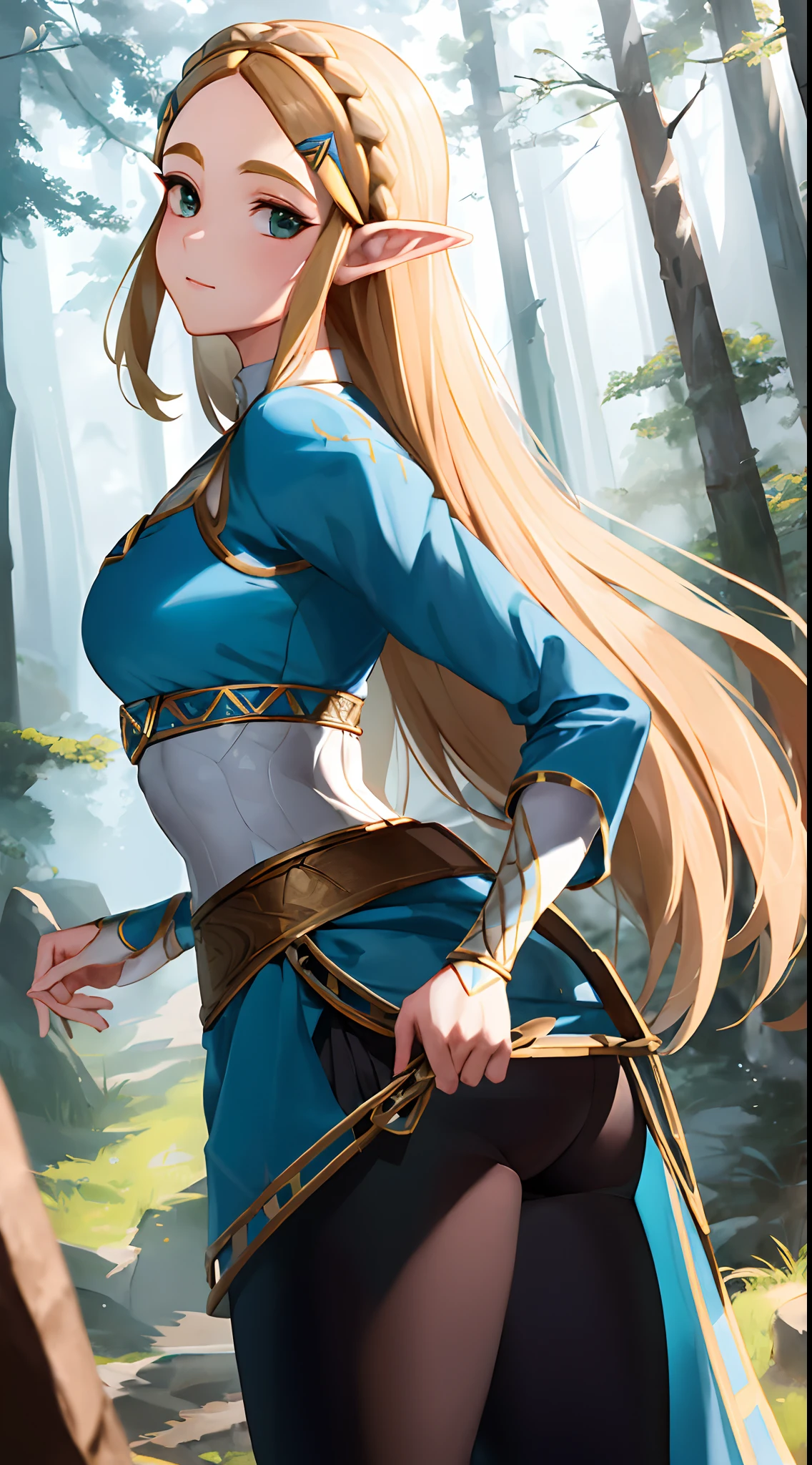 "An exquisite masterpiece with the best quality showcasing Princess Zelda from The Legend of Zelda: Breath of the Wild. Solo portrait of 1girl with black pants and a generously proportioned chest. Nintendo-inspired brilliance, the setting is in a bright forest, shot from behind."