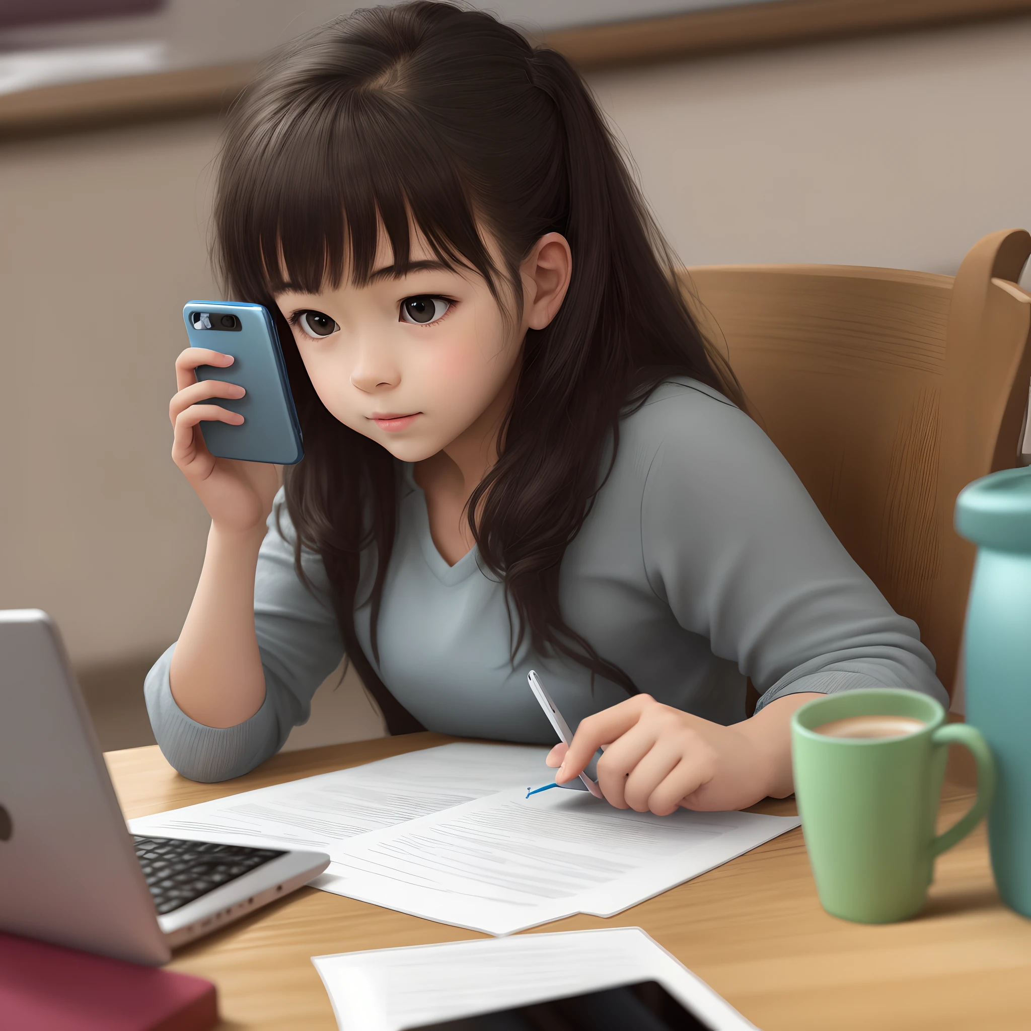 Girl playing with cell phone while doing homework