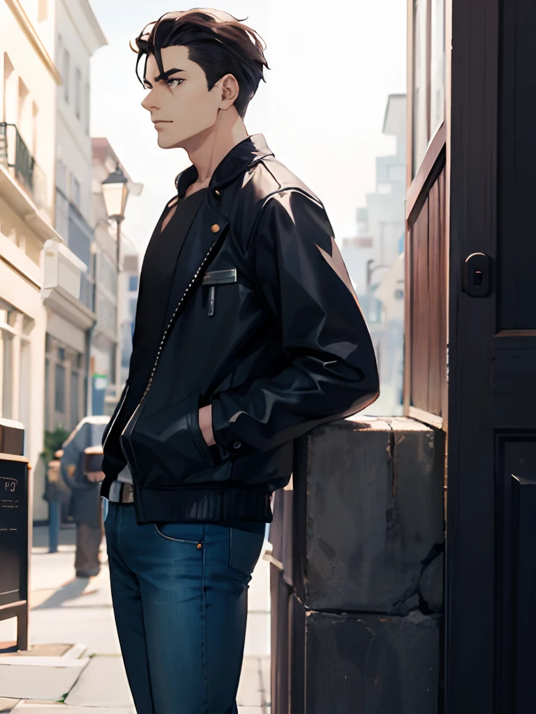 , side view, epics, Serious, , blusa, blusa com touca, Black jacket, jeans, compositing, manga cover,