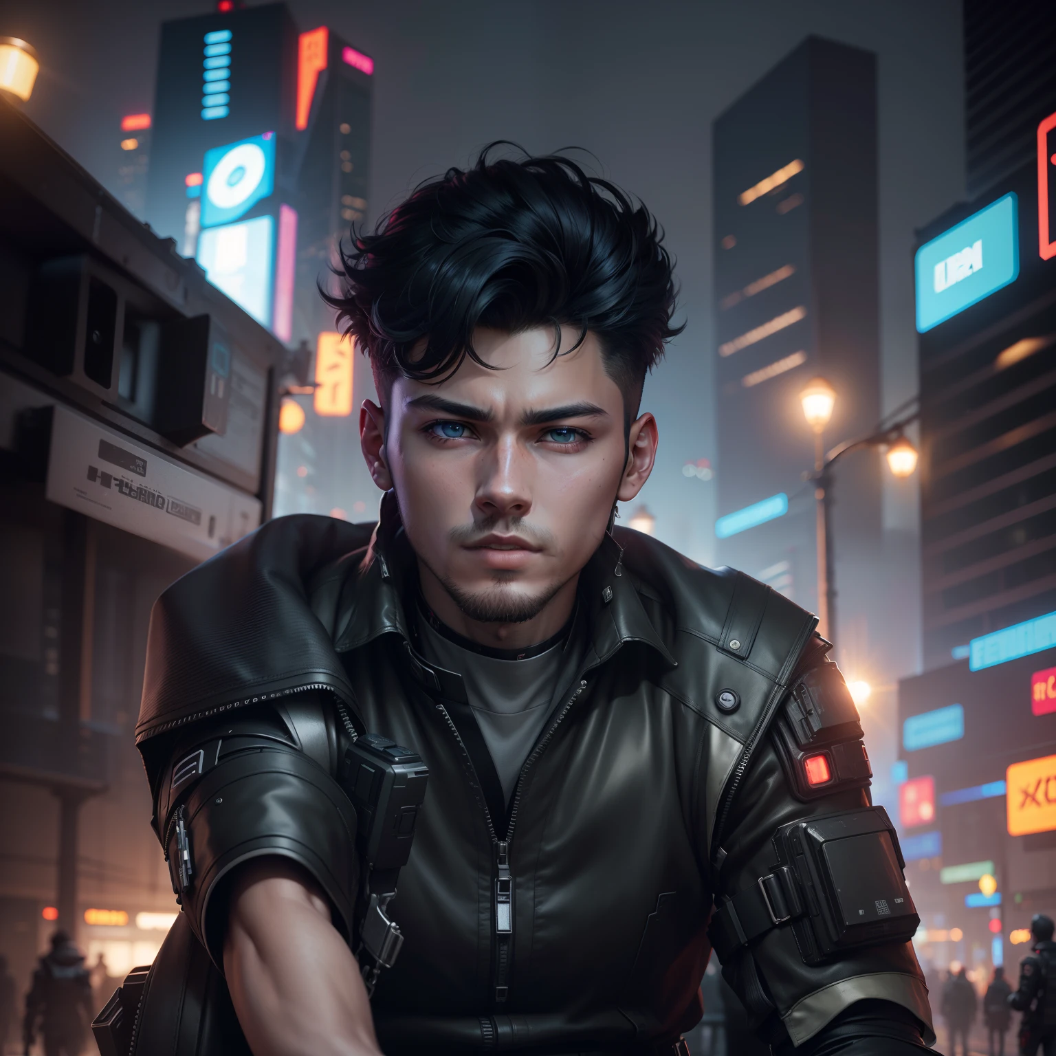 landscape 1boy, 27 years old, futuristic cyberpunk clothes, night, detailed futuristic cyberpunk tokio street, medium full shot, photorealistic, masterpiece, realistic, 8k dslr, extreme detailed eyes, extreme detailed face, extreme detailed body, FujiFilm XT3