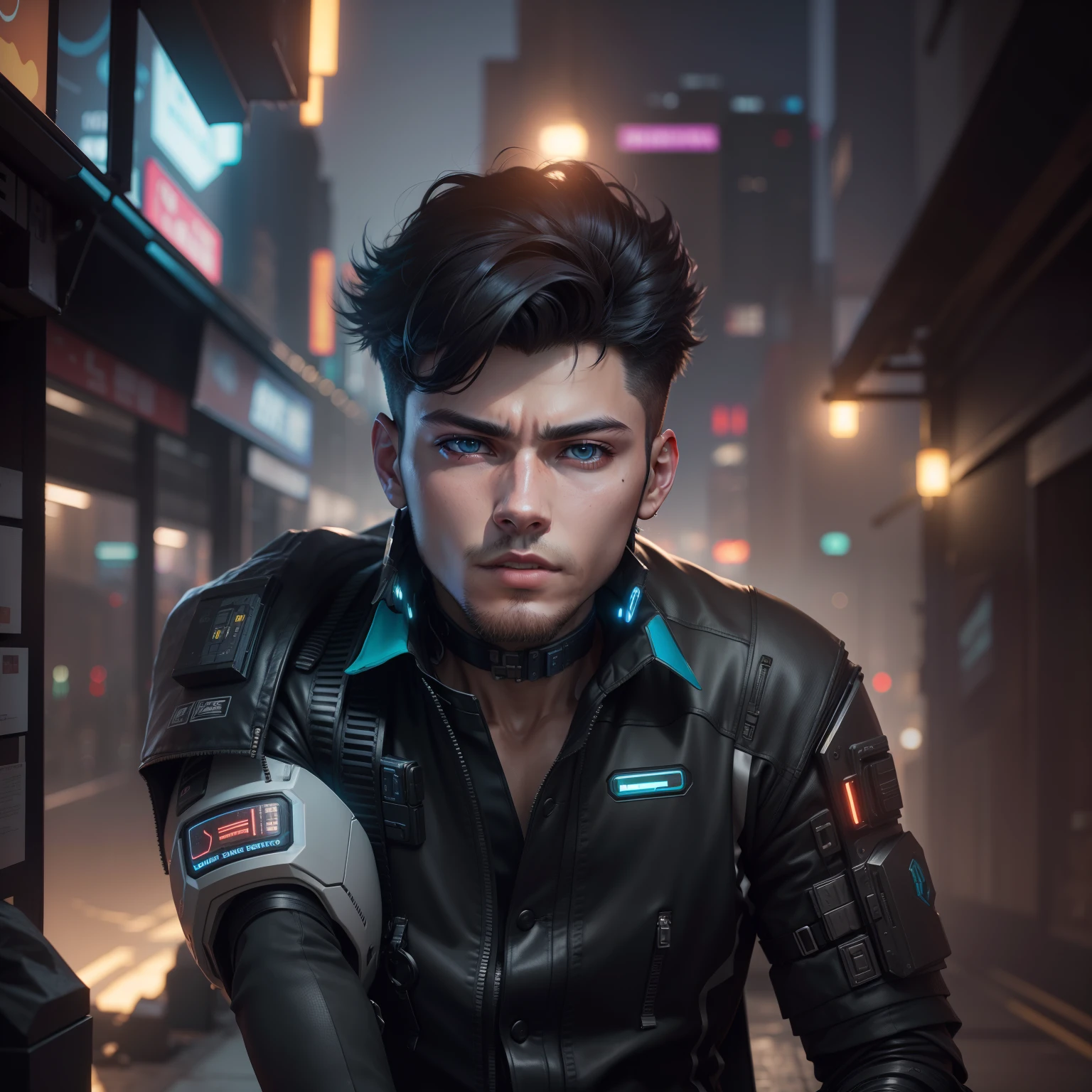 landscape 1boy, 27 years old, futuristic cyberpunk clothes, night, detailed futuristic cyberpunk tokio street, medium full shot, photorealistic, masterpiece, realistic, 8k dslr, extreme detailed eyes, extreme detailed face, extreme detailed body, FujiFilm XT3