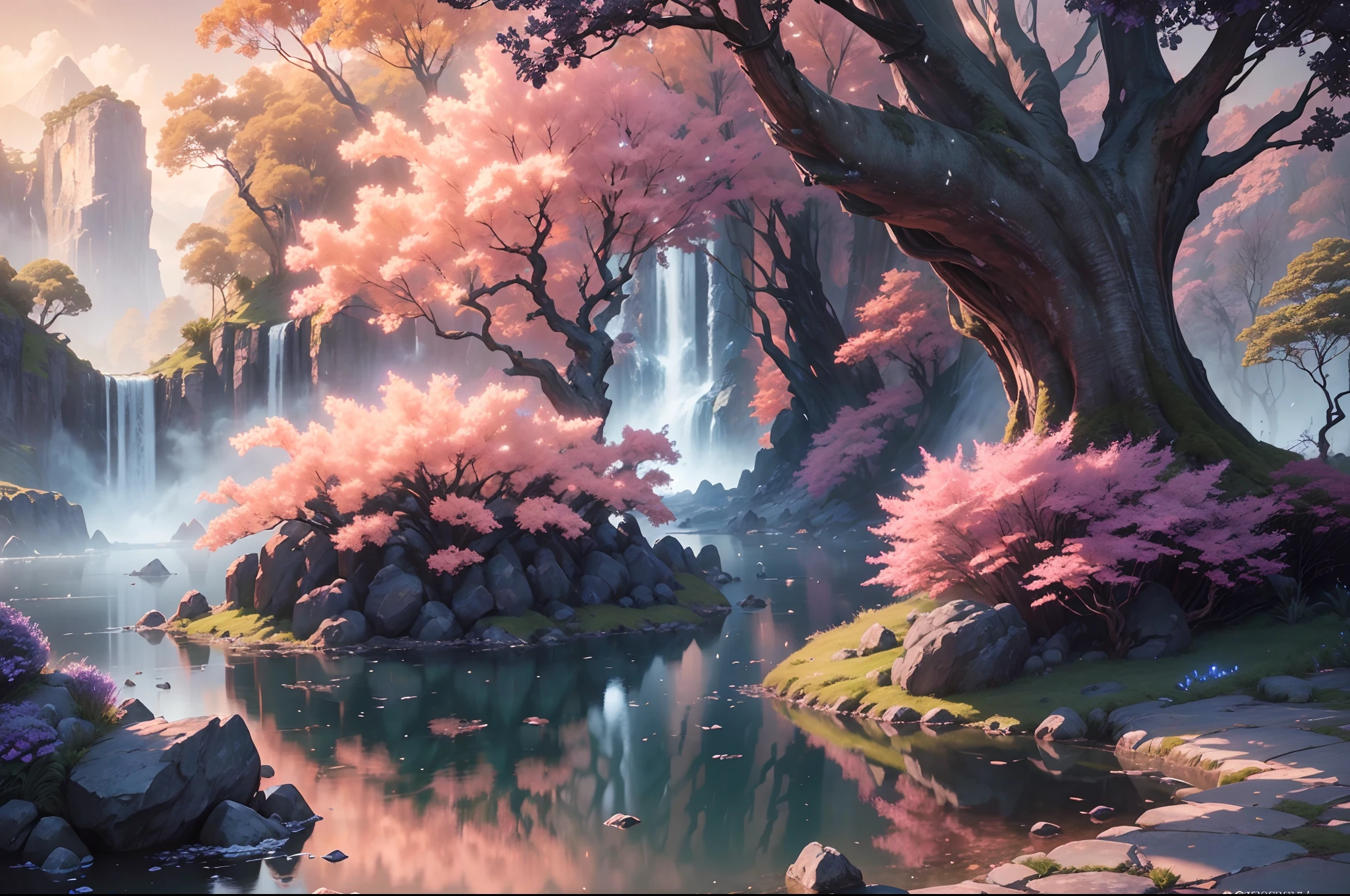 "(by Greg Rutkowski: 1.2), (ultra-detailed CG unity 8k wallpaper, masterpiece, best quality, depth of field, HDR, intricate), delicate, Dark shaded scenery with blue and black hues, featuring a natural setting with waterfalls and rocks, illuminated by glowing trees and adorned with pink and purple plants."
