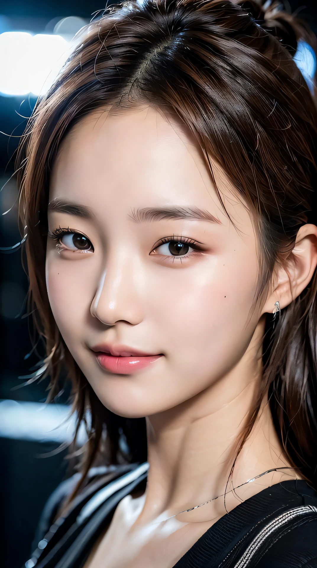 8k, best quality, masterpiece, realistic, ultra detail,  photography, HDR, ROW photo, highres, absurdres, cinematic light, official art, depth of field,
close-up, slender, cute face, smile, beautiful details eyes, 19years old korean, pretty, Mohawk with silver color,