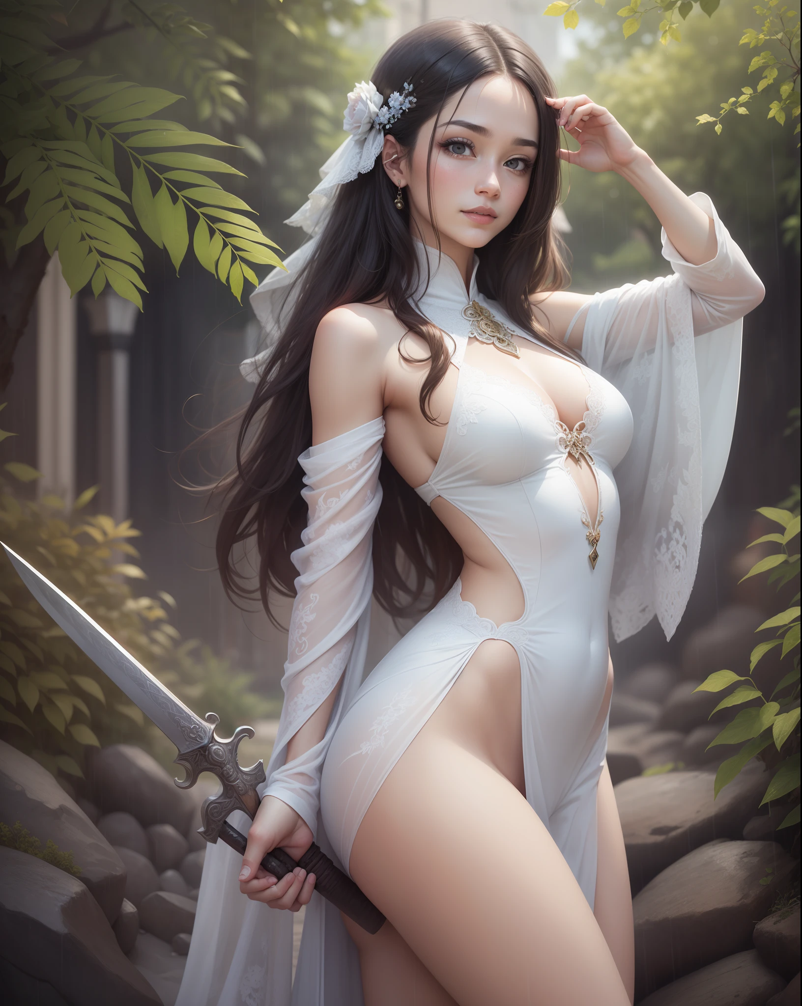 ((Best quality, 8K, Masterpiece: 1.3)), Focus: 1.2, Perfect body beauty: 1.4, buttocks: 1.2, layered haircuts,(rain, street:1.3), (Breasts: 1.2), (Hanfu: 1.2), Bare shoulders, Bare legs, impasto, ((detailed scale)), ((Looks pleased)), Detailed realistic painting, Solo, (shaded) Extreme detail, eyes with brightness, ((Dragon)), ((Pupil of the slit)),Highly detailed face and skin texture,Naked, (Detailed realistic painting),,Beautiful,Slim,Anime girl in white dress with sword and white dress in front of tree, magical girl,Wear magic robes,Magical scenes,Magic Array,Full body like,ornate decoration,detail-rich - --auto --s2