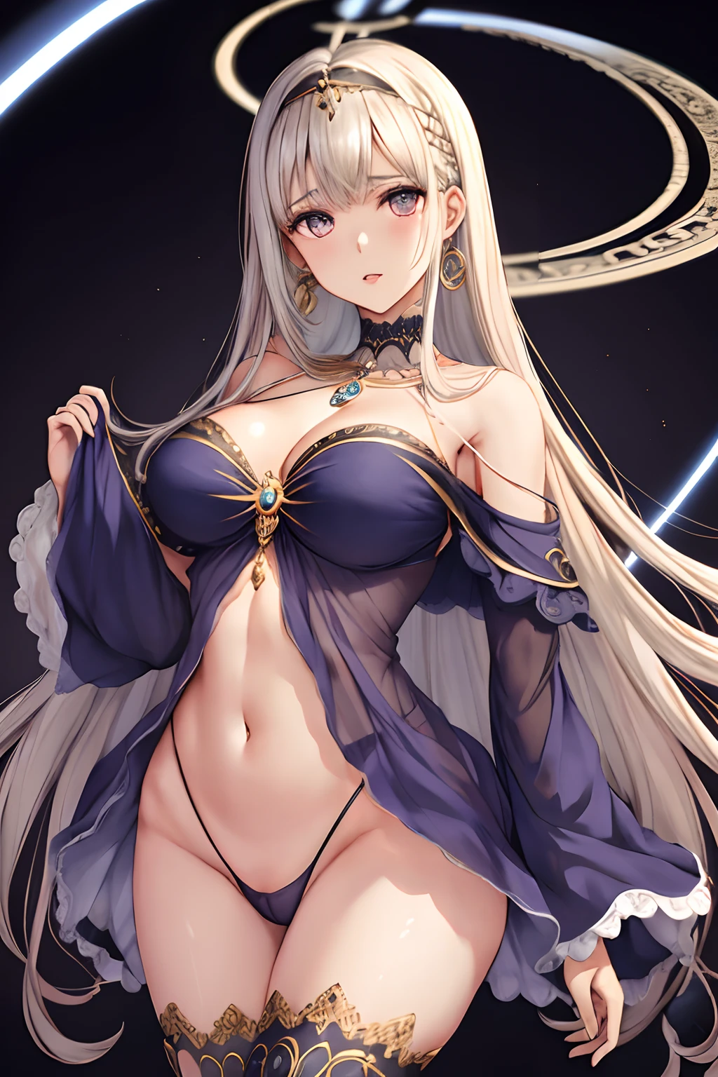 1girl, franja, bareshoulders, malha preta, olhos azuis, cabelos azuis, seios, clivagem, umbigo coberto, mangas destacadas, Brincos, virilha, Perna alta, malha de perna alta, Chifres, jewelries, collant, cabelos longos, mangas compridas, Olhando para o Viewer, Magical Circle, medium breasts, separated-lips, sozinho, Standing, coxas, Coxas, legwear branco