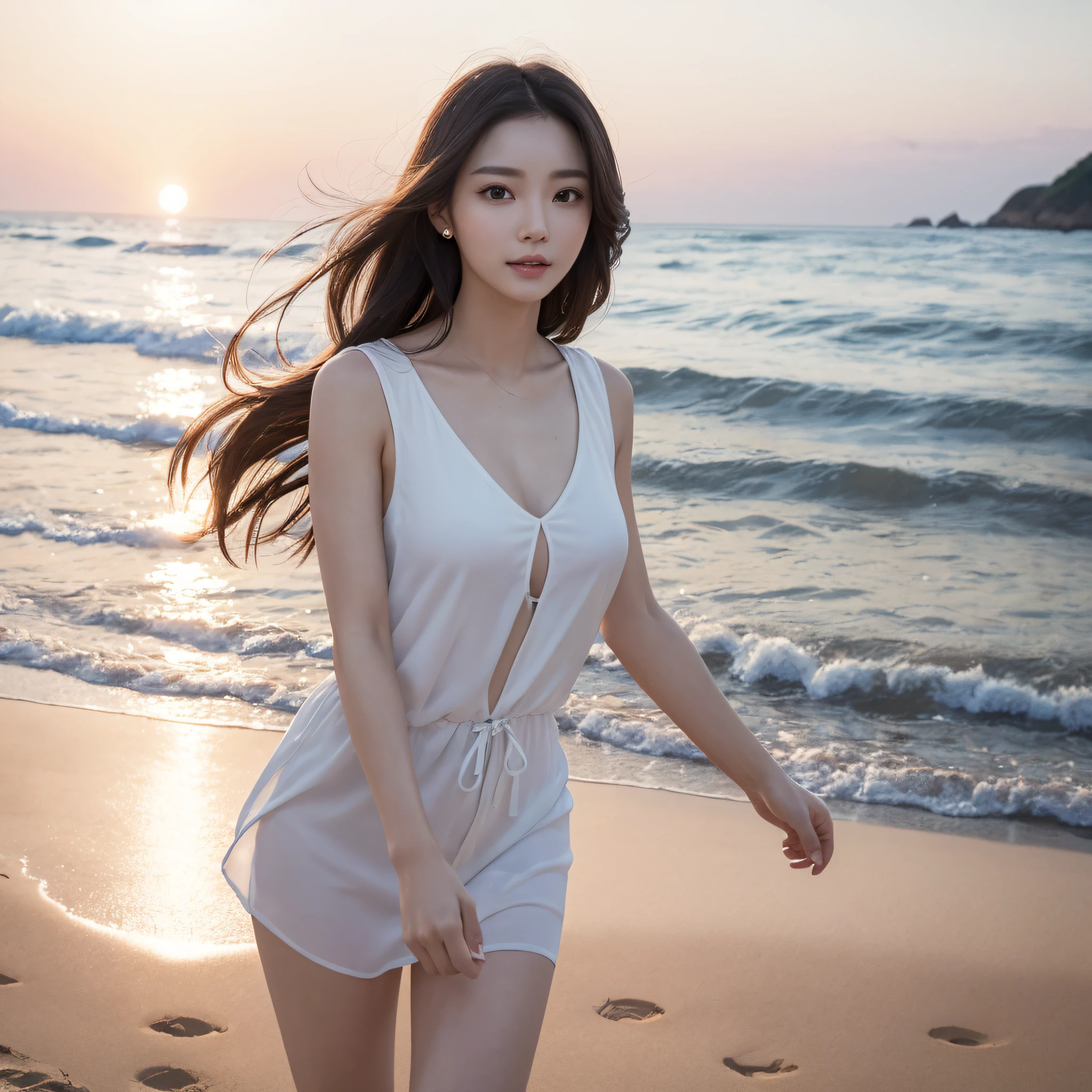 One lady、((best qualtiy、8k masterpieces:1.3))、foco nítido:1.2、(ultra beautiful faces:1.0)、(shinny skin:1.0)、photos realistic、A dark-haired、Video Lighting、High-definition eyes and face、Video Lighting、(Korean Cute Actress)、from the front side、medium breasts、ssmile、Sleeveless、Slender Abs Beauty、Whole body、Wearing a white blouse、On the beach at night