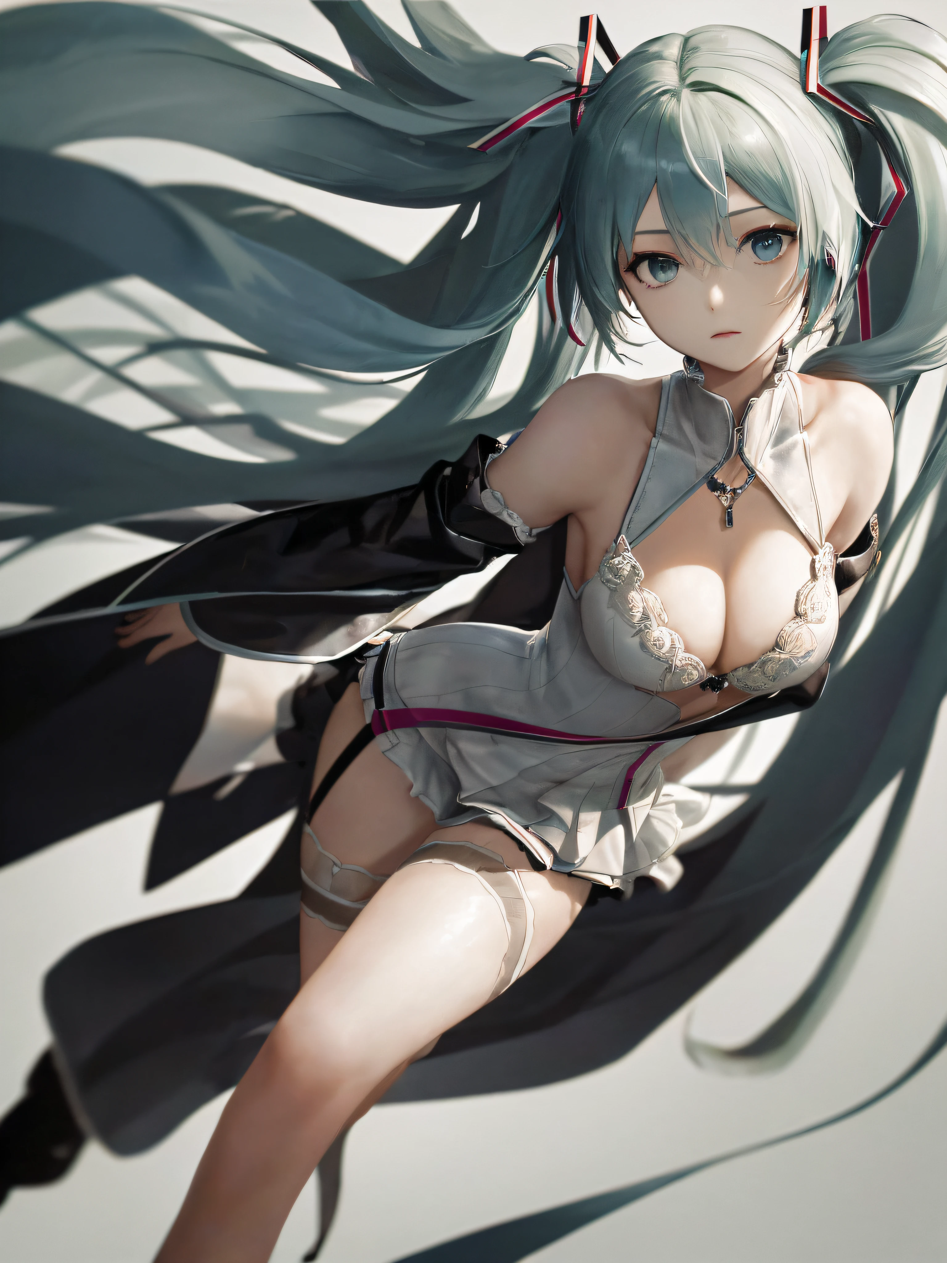 (One lady)、(masterpiece)、(best qualtiy)、(ultra-detailliert)、(a high chroma)、(CG Illustration)、highcontrast、((low angles))、VOCALOID、((miku hatsune))、(Fine and beautiful eyes)、Delicate beautiful face、((dishevled hair))、(( The whole body was wrapped in a full metal suit))、(Black stockings)、((B cup breasts))、((teats)) 、The best lighting、spread legswide、Float inside、simple background