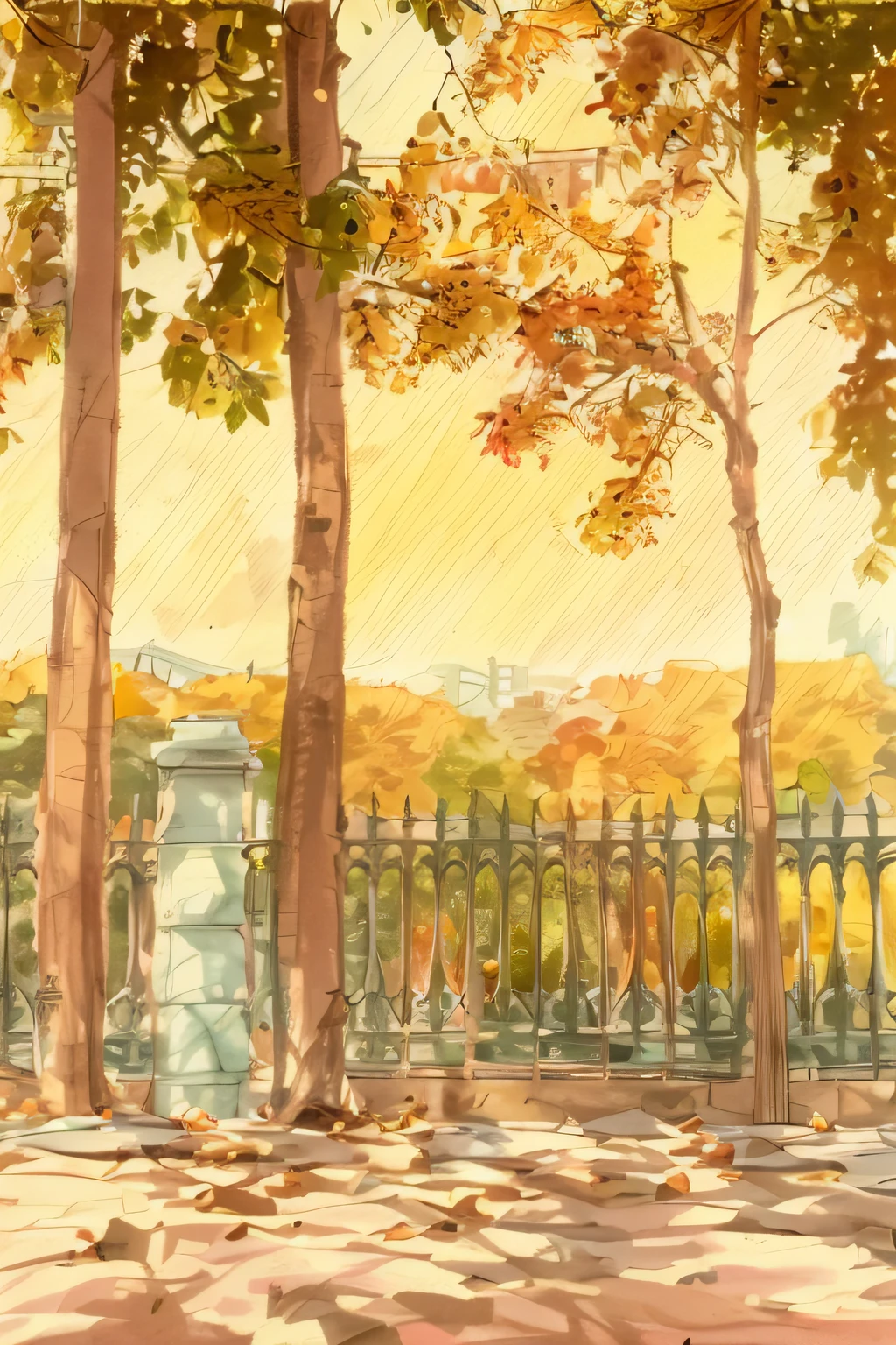 Two people in the park are walking by bike, Trees in the foreground, against the backdrop of trees, A park, urban surroundings, golden hour in beijing, background park, Brilliant, in fall,, Visually stunning scene, fall season, during fall, mid afternoon, Shot on Sony Alpha DSLR-A300, scene view