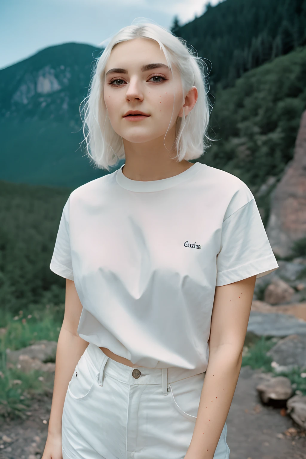 evafie , white hair, white shirt, dramatic lighting, rim lighting, depth of field and soft bokeh, blue sky, mountain, 35mm film photography,