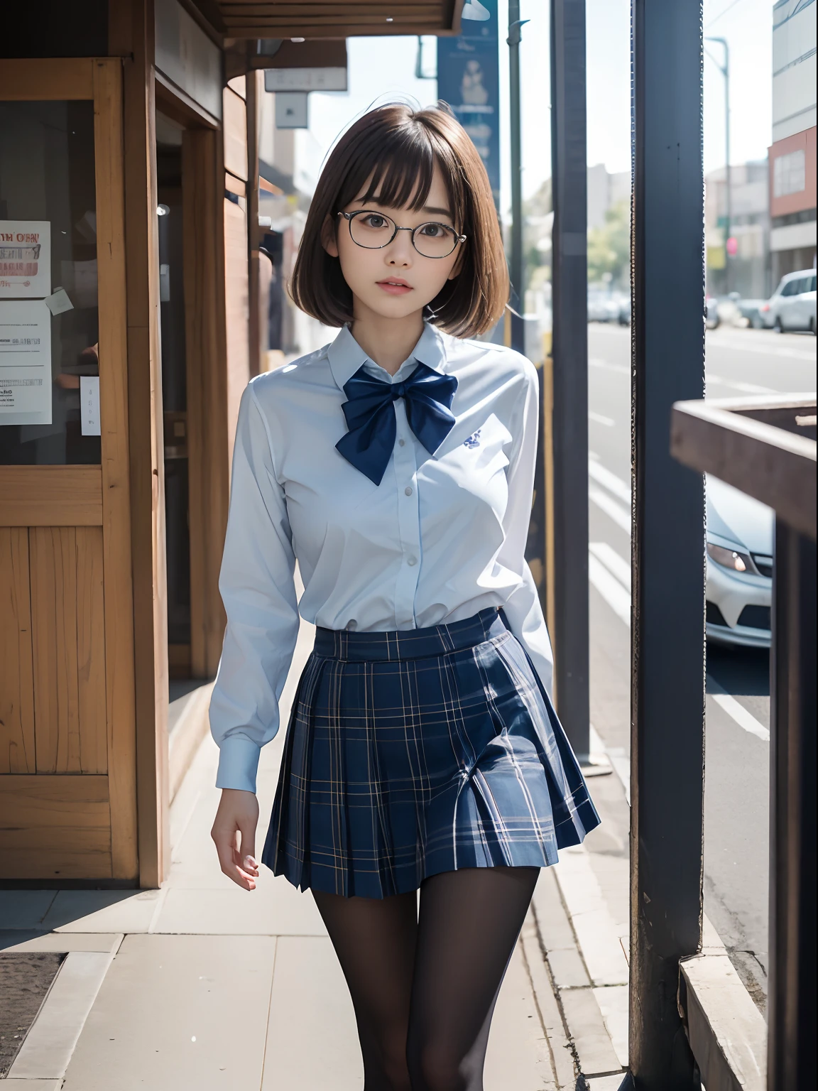 (8K、Raw photography、top-quality、masterpiece:1.2),(bob cuts),cocky,School,watching at viewers,Looking at the front,Muchimuchi,Erotic,Pupils,(Light blue bra seen through the shirt),de pele branca,kne,(Black pantyhose),absurderes,a small face,small tits,flat breast,Parting the bangs from the middle、Forehead visible,(a cold expression,Tight eyes,glares,Bullish,skinny,Rasping,irate)、masterpiece,top-quality、超A high resolution,Raw photo,ren,Beautiful fece,One Person, 独奏,eye glass,,Dark look,Small breasts,fullllbody,Round glasses、cute little,JK school uniform,hi-school girl,A Japanese Lady,is standing,(Photorealsitic:1.37)、Photon mapping,Realistic、Beautie,Cute little face,Brown-eyed、Black socks、(Red bow tie)、Radio City、Physically Based Rendering、depth of fields、Blurry background、a picture,Body,s girl,beauty legs, Long legs, Thin leg,(Bangs are visible), hair, s lips, Blue_The eye, nosesoft,(Light blue shirt), (Navy and blue and white plaid pleated skirt), Knees are visible,Sheer clothing,, Thigh, Black cotton socks,Nogizaka Idol, 女優, Japanese ido