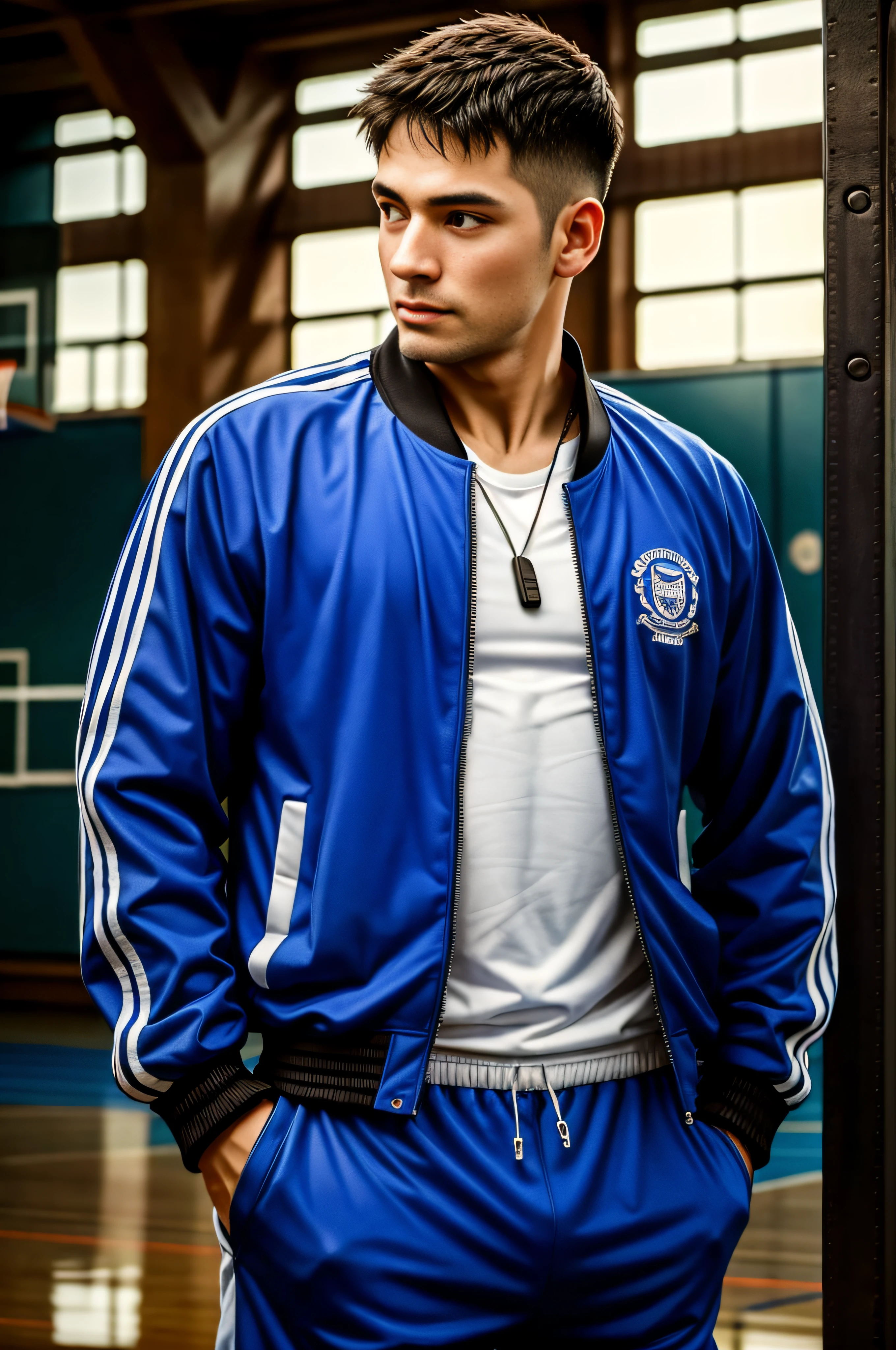 Best quality, Masterpiece, A high resolution, Detailed, Perfect anatomy,  Pechich, A 40-year-old man, school, tracktop jacket, Open jacket, White shirt, gym, whistle around neck,The upper part of the body，basketball playground，track pants