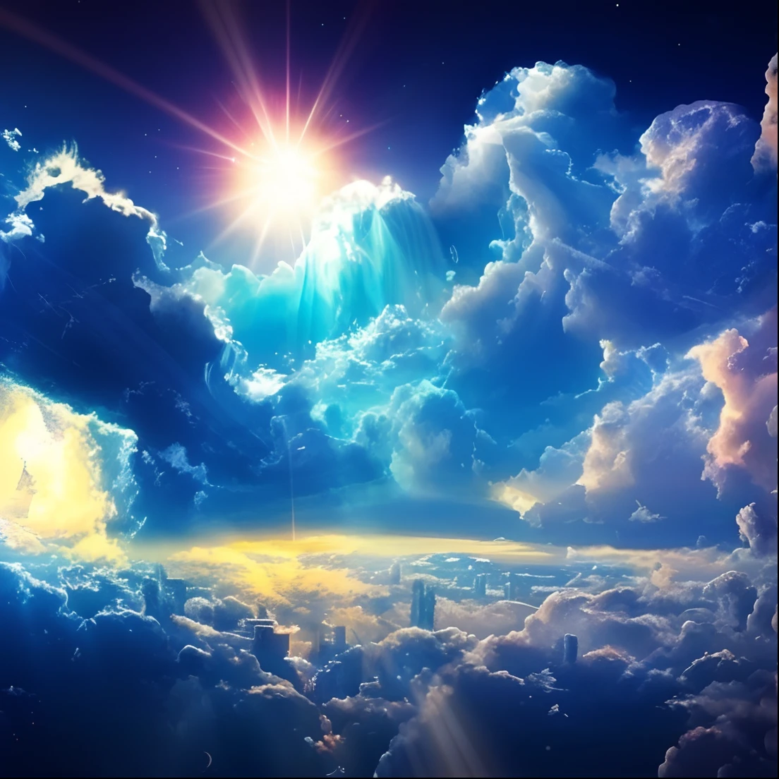View of the sky with clouds and sun rays in the middle, atmosfera celestial, paisagem celestial, cercado de nuvens e luz, luz celestial, heavenly lighting, Nuvens celestiais, Sky illumination, entre nuvens celestiais iluminadas pelo sol, epic clouds and godlike lighting, heaven!!!!!!!!, heaven background, luzes celestiais, luz brilhante celestial, heaven planet in background, brilho celestial