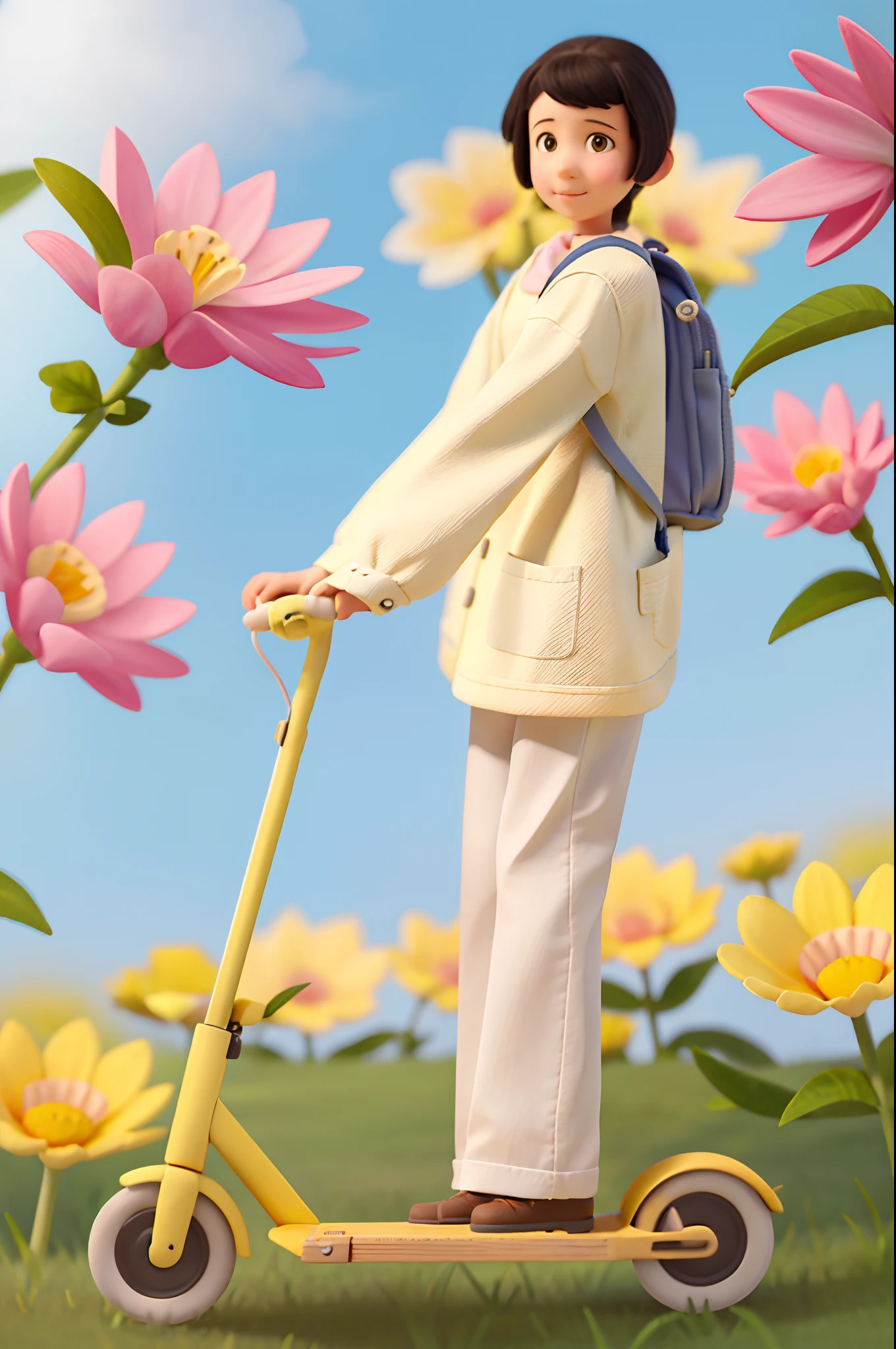 A very charming  girl with a backpack and her cute border collie puppy enjoying a lovely spring outing surrounded by beautiful yellow flowers and nature. The illustration is a high-definition illustration in 4K resolution with highly detailed facial features and cartoon-style visuals.