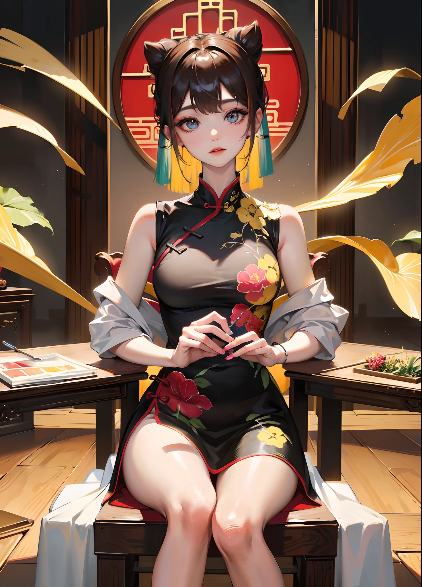 "A young Chinese girl sitting in a chair with a paintbrush in hand is doing incredible painting, fullbody painting, Intensive painting, 4K painting with sensuality, A masterpiece in the art of painting, Beautiful and amazing works of art".