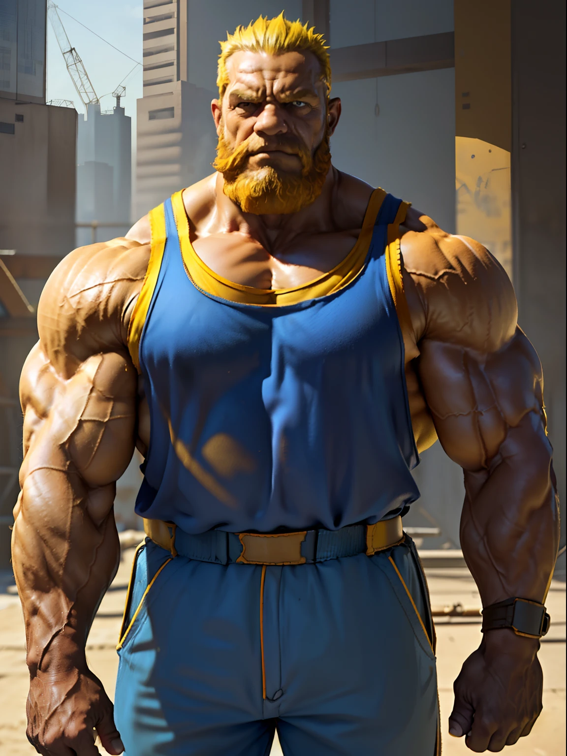 A huge muscular old man walking on construction site he shouldered a heavy iron, he wear safety helmets and wear tank top, (old man (huge muscular, big arm, big chest, big pec, big bicep, extremely detailed muscle, short hair, bearded, yellow hair))