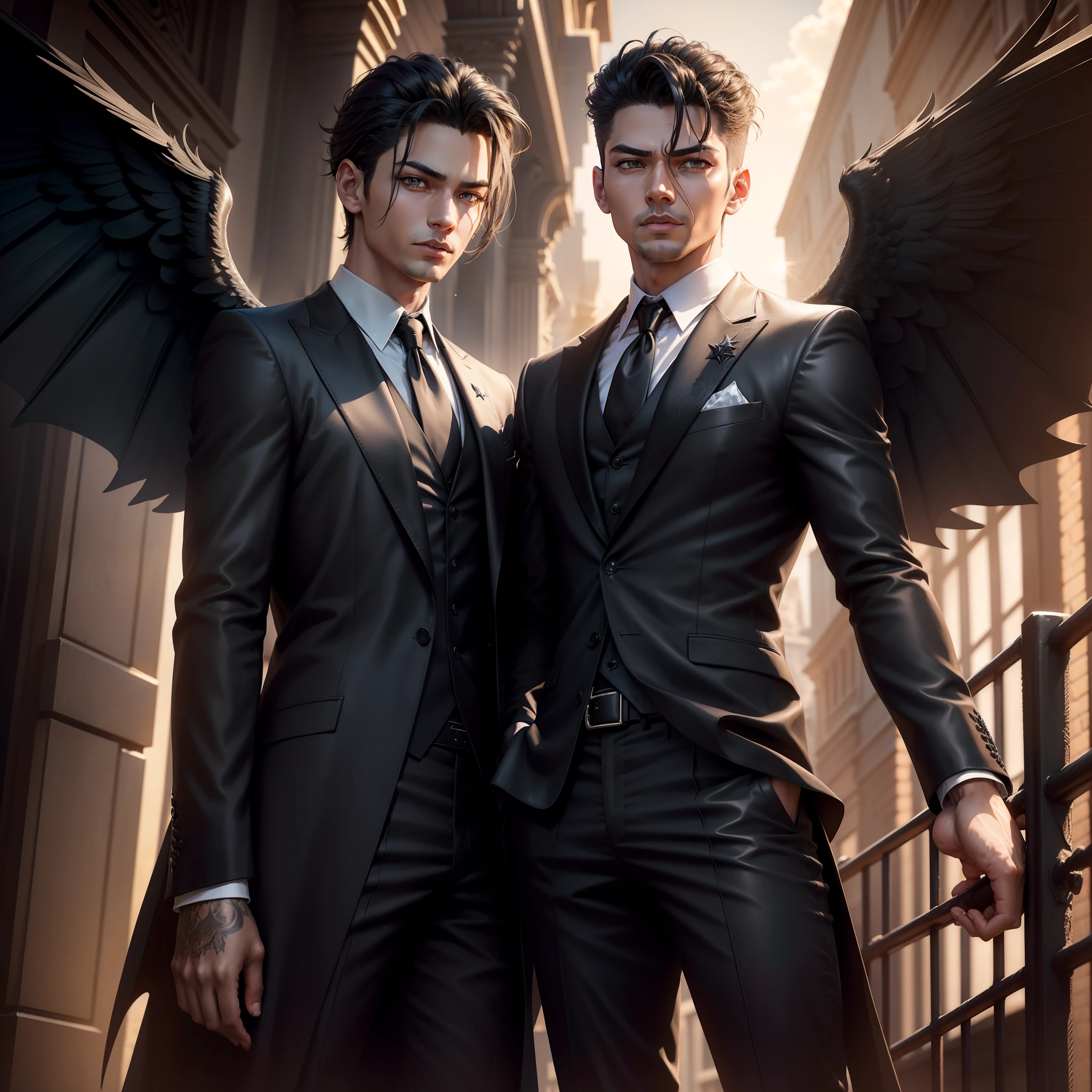 Lucifer Morningstar stand on the front city, in dark world, sun shine left corner and his shine on the Lucifer wings, Teenage lucifer, Lucifer wear black suit, handsome and gangstar look, with black wings, Realistic enhance and detailed, wide photography, 4k