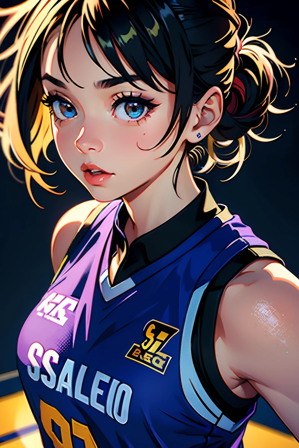 1girl, basketball jersey, girl playing basketball, muscle, (((masterpiece), high quality, 8k, detail, detail eyes