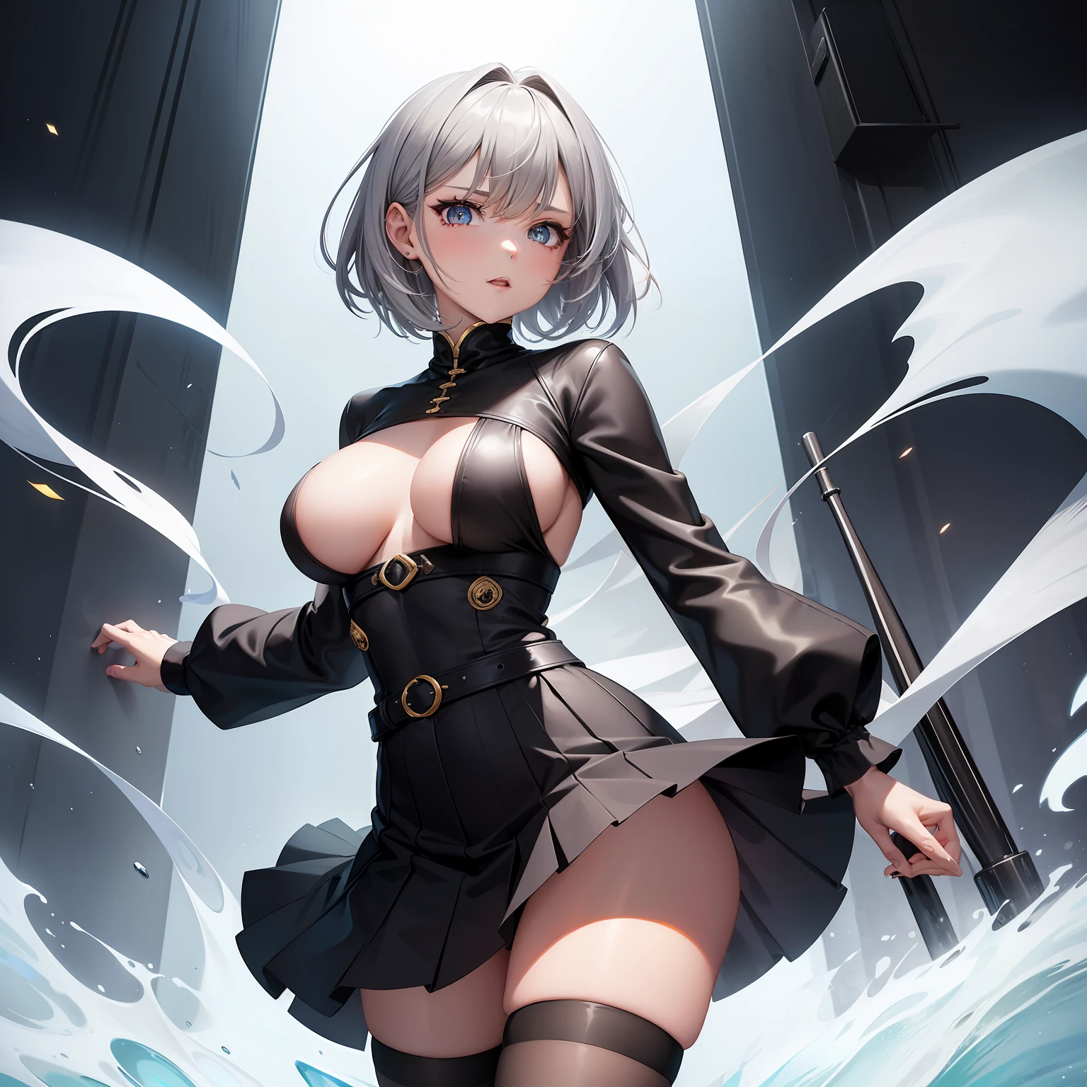 high image, super detail, high resolution, anime, manga, illustration, black knee high socks, thighs, knit flare long skirt, oversized outerwear, roll up the skirt, speed line, pretty girl, adult face, make up, ecstatic expression, amorous expression, seductive look, flowing layered messy silver short hair, sparkling big gold eyes, medium breasts, under boob, side boob, great proportion, perfect proportion, slender, full body, fantasy
