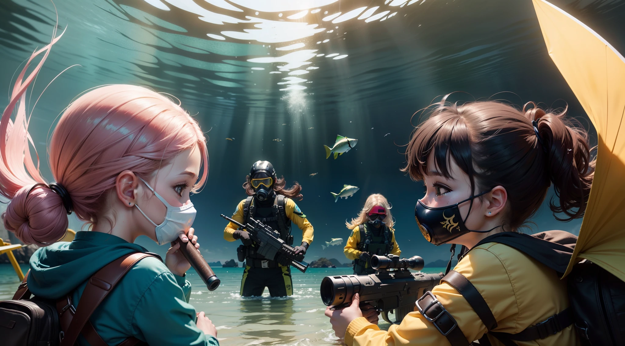 Create an aquatic warfare scenario for kids, Foi, diving mask, Brasil, Pessoas latinas, happy, 4 s, Four children, meninozes, Diving Mask Helmets, brincadeiras infantis, pistola de brinquedo, estrelas do mar, Peixes, usando a paleta de cores #5F84AE #0A0B17 #1e2e57 #EEB9C7 #ffffff amarelo rosa