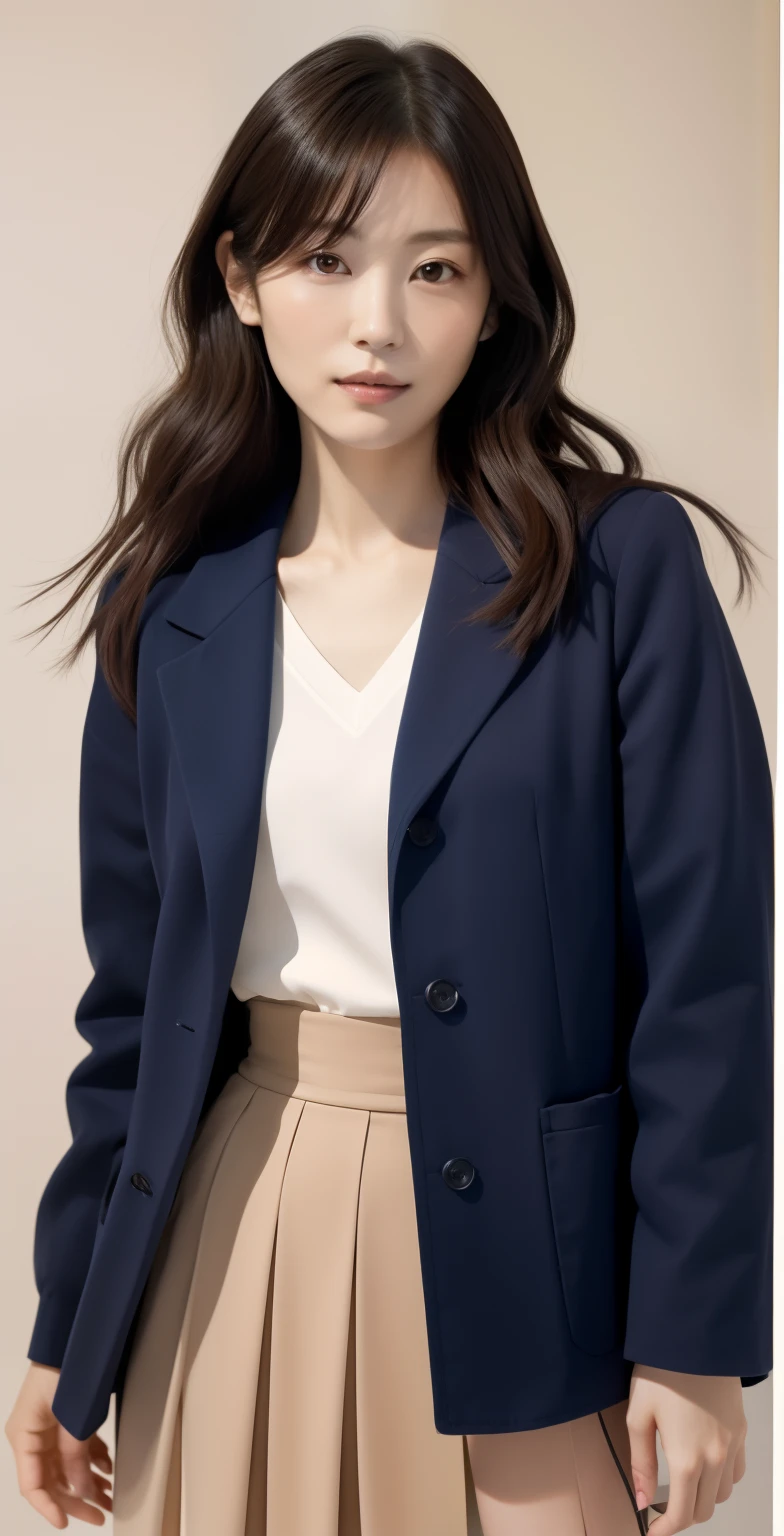 ((masutepiece, of the highest quality, High Definition)),30-year-old woman in navy blue jacket and white skirt stands in room, style of yoshii chie, By Yasutomo Oka, style of masami kurumada, by Oka Yasutomo, catalogue photo, by Kobayashi Kiyochika, by Sengai, Yasumoto Oka,Elegant makeup, (Elegant long hair, Dark brown hair color: 1.4)Natural morning sunlight streaming in through the window