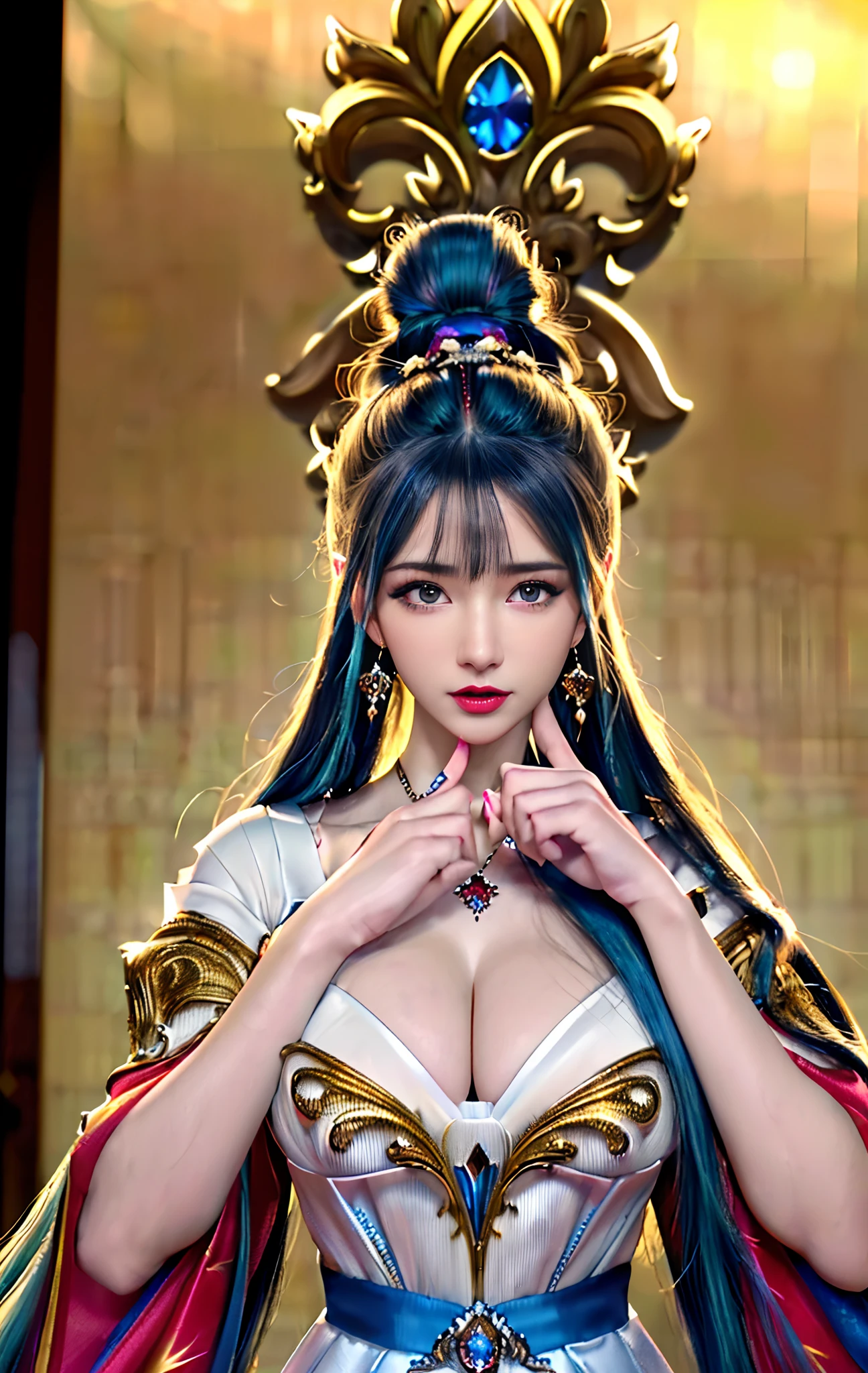((realisticity: 1.2)), ((realistic: 8K UHD)), ((best resolution: 8K UHD)), hyper detailed, best quality,masterpiece,highres,cg, ((1 girl hyper detailed and hyper realistic) ) , ((beautiful queen, hyper realistic and hyper detailed)),((white skin, beautiful, smooth, youthful, hyper realistic and hyper detailed )), ((Face hyper beautiful, white, hyper realistic and hyper detailed ) ), long hair, ((hyper realistic and hyper detailed dress)), solo, ((hyper realistic, hyper beautiful, beautiful and hyper detailed jewelry)), ((hyper beautiful deep red and golden yellow dress, hyper realistic and hyper detailed )) , ((Her pretty, hyper realistic, hyper detailed diamond filled earrings)), ((Her gorgeous diamond haircut, hyper realistic and hyper detailed)), ((hyper pretty upper body, hyper beautiful, hyper realistic and hyper detailed) ), ((medium breast: 1.5)), ((hyper realistic, hyper pretty, hyper detailed boobs)),   ((the backgroun of the royal palace is hyper majestic, hyper realistic and hyper detailed)),((hands and palms hyper beautiful, hyper detailed, hyper realistic)), ((hyper detailed and hyper realistic fingers and fingernails)), ((hyper pretty, hyper pretty, hyper realistic and hyper detailed hair bun)), ((hyper pretty , hyper realistic and hyper detailed blue hair)), candid, Photo, high resolution, 8k , bokeh,
