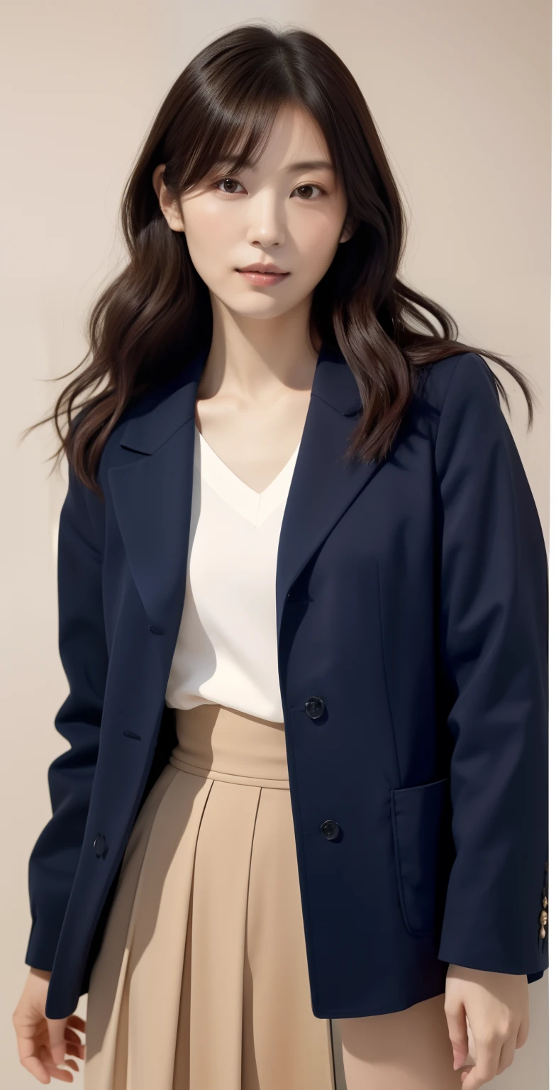 ((masutepiece, of the highest quality, High Definition)),30-year-old woman in navy blue jacket and white skirt stands in room, style of yoshii chie, By Yasutomo Oka, style of masami kurumada, by Oka Yasutomo, catalogue photo, by Kobayashi Kiyochika, by Sengai, Yasumoto Oka,Elegant makeup, (Elegant long hair, Dark brown hair color: 1.4)Natural morning sunlight streaming in through the window