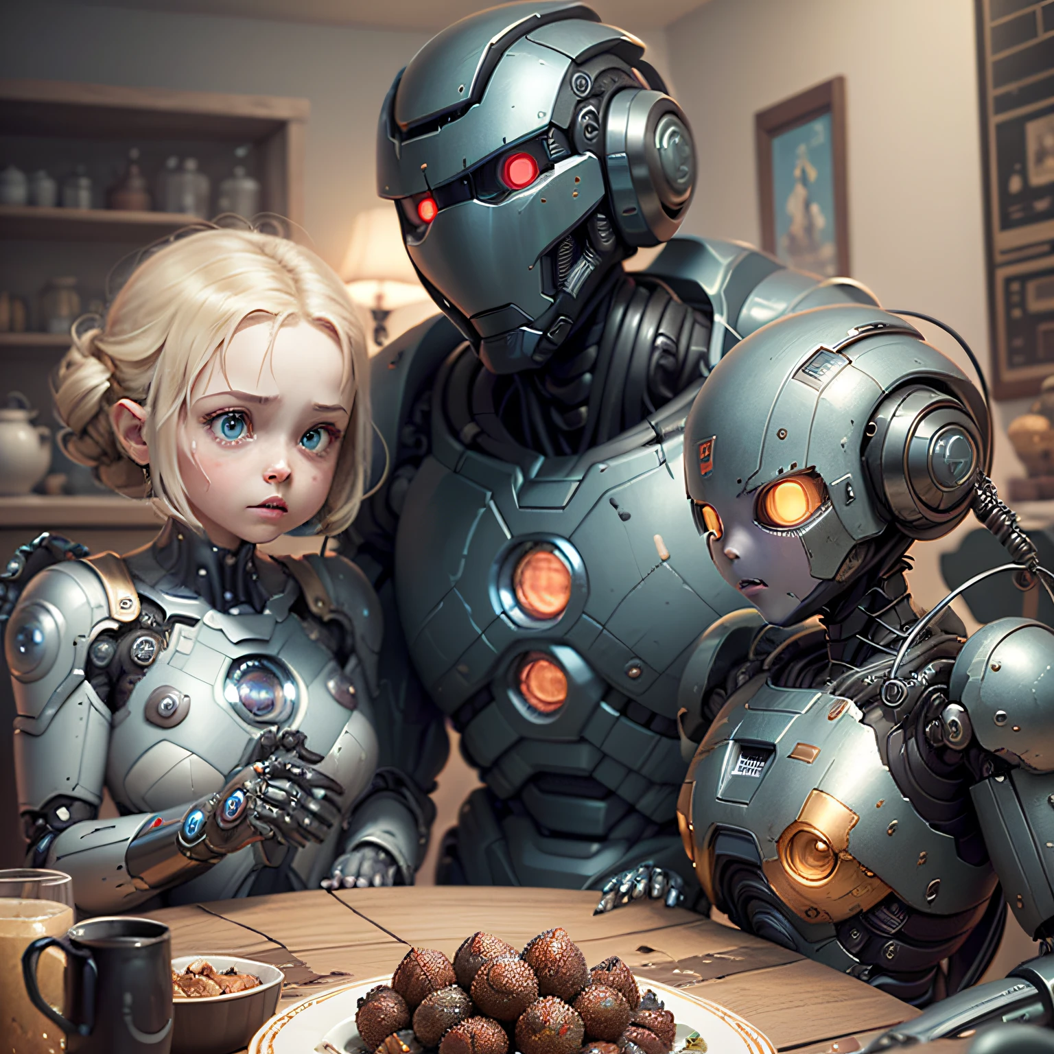 ((best quality)), ((masterpiece)), ((realistic)), In a warmly lit living room, two robots engage in conversation, their mechanical voices blending seamlessly with the hum of the home setting. Around them, a robotic family gathers for a meal at a table designed to evoke the atmosphere of a human family reunion. The scene, reminiscent of Isaac Asimov's futuristic tales, is captured in a film shot that combines advanced CGI with a sci-fi realism style. The metallic grays of the robots' exteriors contrast with the soft hues of the room, creating a visually striking and emotionally resonant depiction of a heartwarming robot family moment.