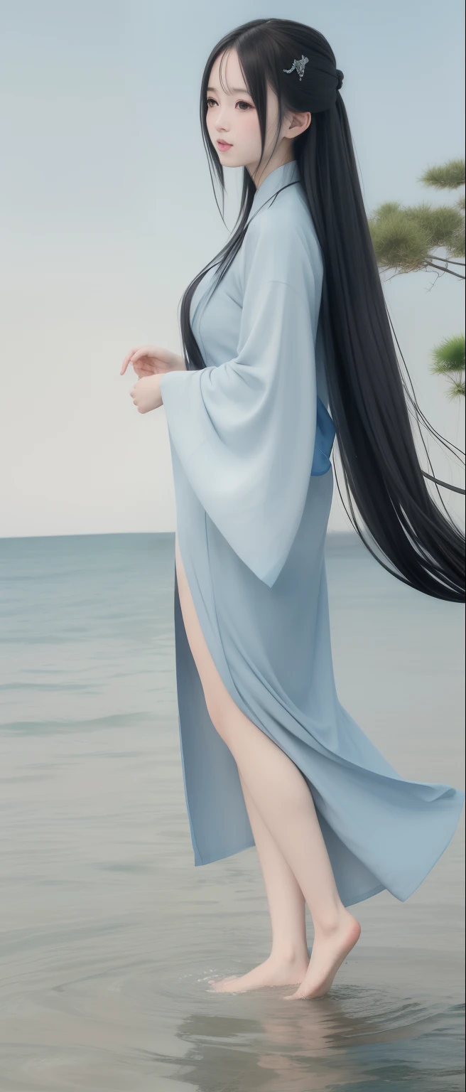 ((4K,Masterpiece,Best quality)), shuimobysim, Traditional Chinese painting, Hanfu, maxikit, Dress conservatively 1girl, Solo, Blue long hair, ssmile, standing on your feet, feet in water, The barefoot,huge tit,